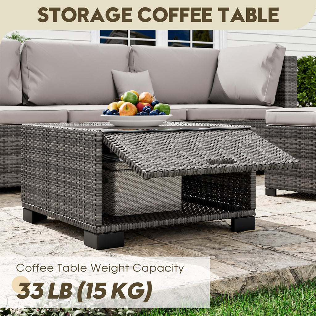 LHBcraft 7 Piece Patio Outdoor Furniture Set, Outdoor Sectional, All-Weather Manual Weaving PE Rattan Wicker Patio Sectional Sofa, Rattan Outside Furniture with Black Cushion and Glass Coffee Table