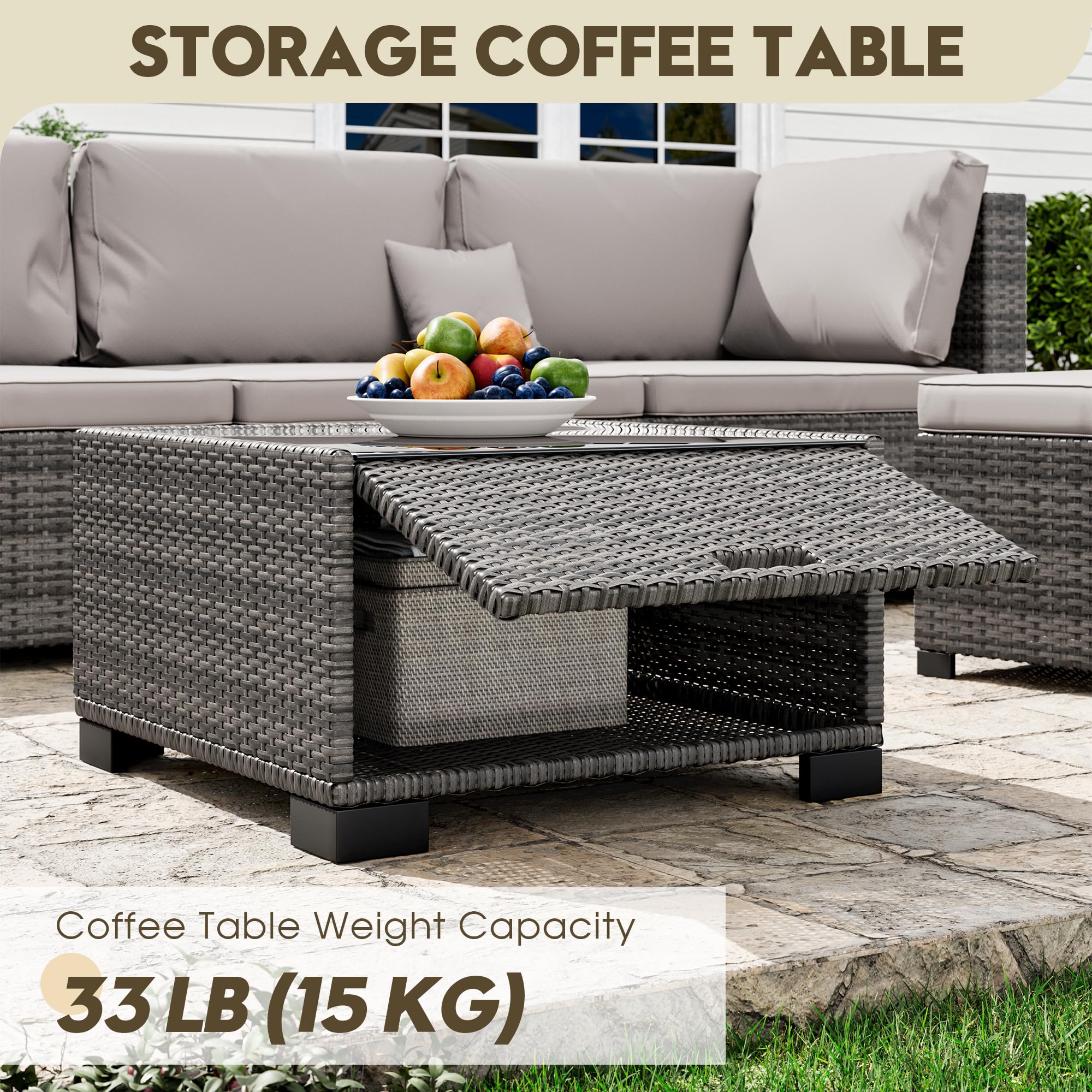LHBcraft 7 Piece Patio Outdoor Furniture Set, Outdoor Sectional, All-Weather Manual Weaving PE Rattan Wicker Patio Sectional Sofa, Rattan Outside Furniture with Black Cushion and Glass Coffee Table