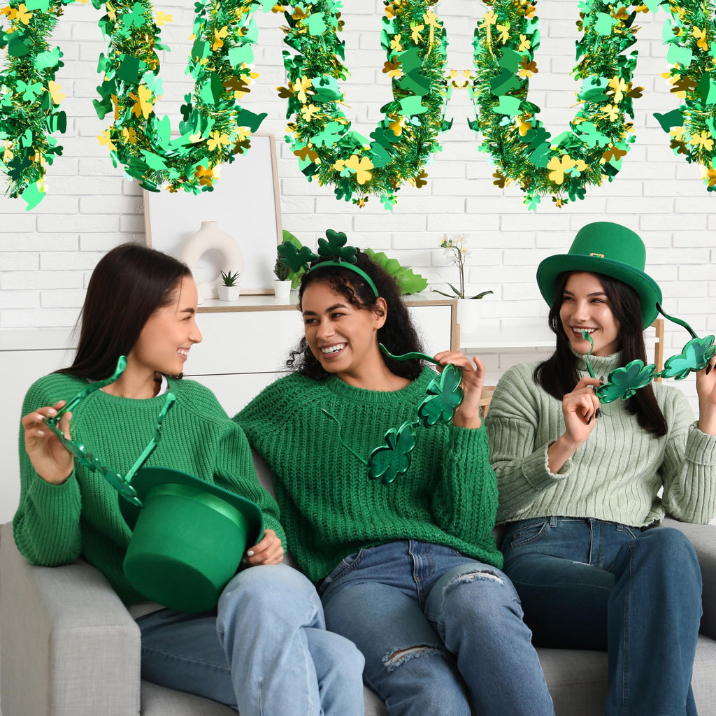50FT St. Patrick's Day Tinsel Garland Shamrock Hat Green Gold Metallic Tinsel Twist Garland for Irish Saint Patricks Day Party Home Decor Indoor Outdoor Decoration