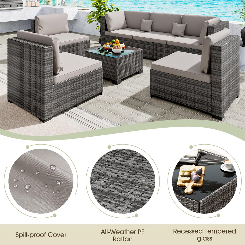 LHBcraft 7 Piece Patio Outdoor Furniture Set, Outdoor Sectional, All-Weather Manual Weaving PE Rattan Wicker Patio Sectional Sofa, Rattan Outside Furniture with Black Cushion and Glass Coffee Table