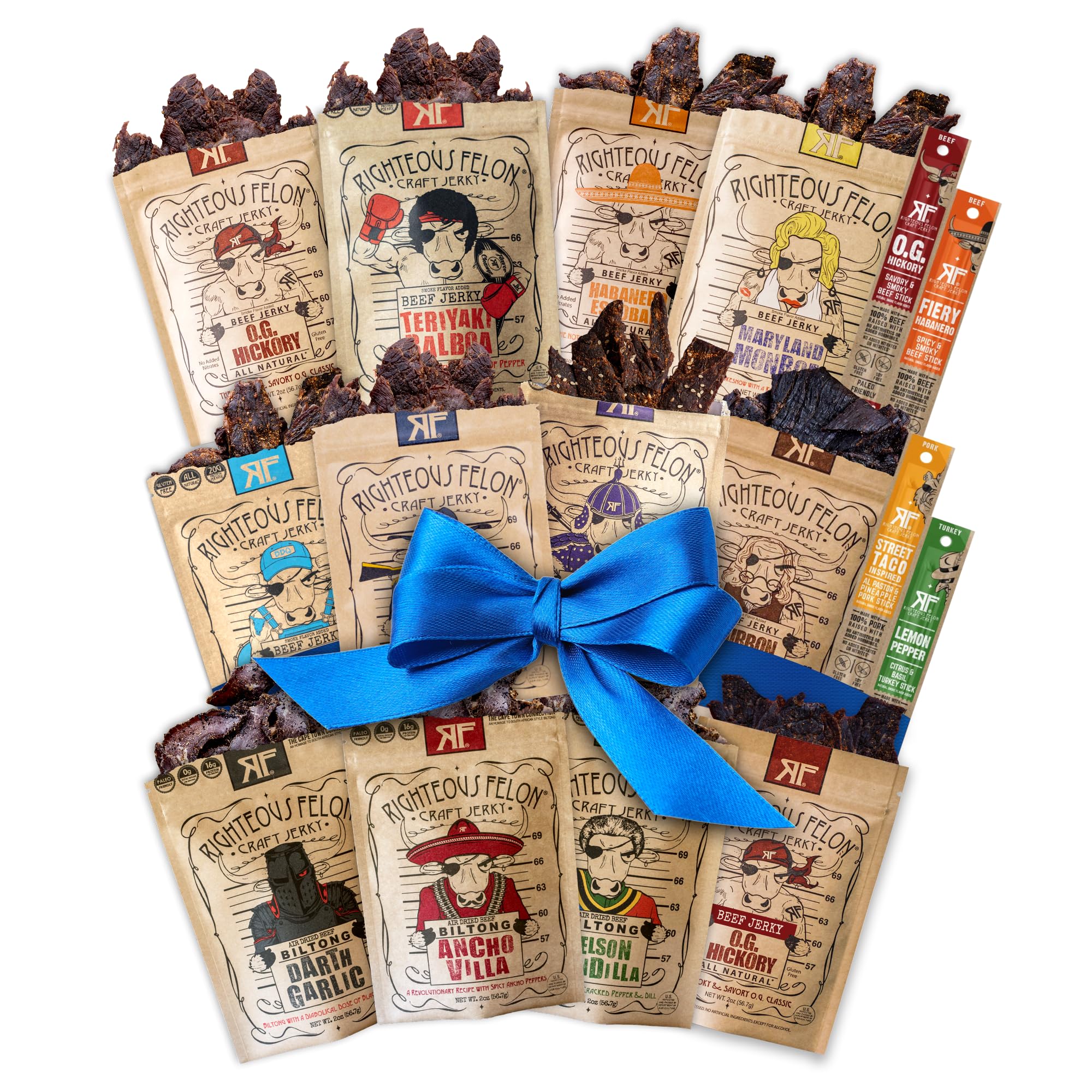 Righteous Felon Beef Jerky & Meat Sticks Variety Pack - Father's Day Jerky Sampler for Dad - Gluten Free Beef Jerky Snack Packs - High Protein, Keto, Low Sugar - Gifts for Men - 11 Pack Sampler