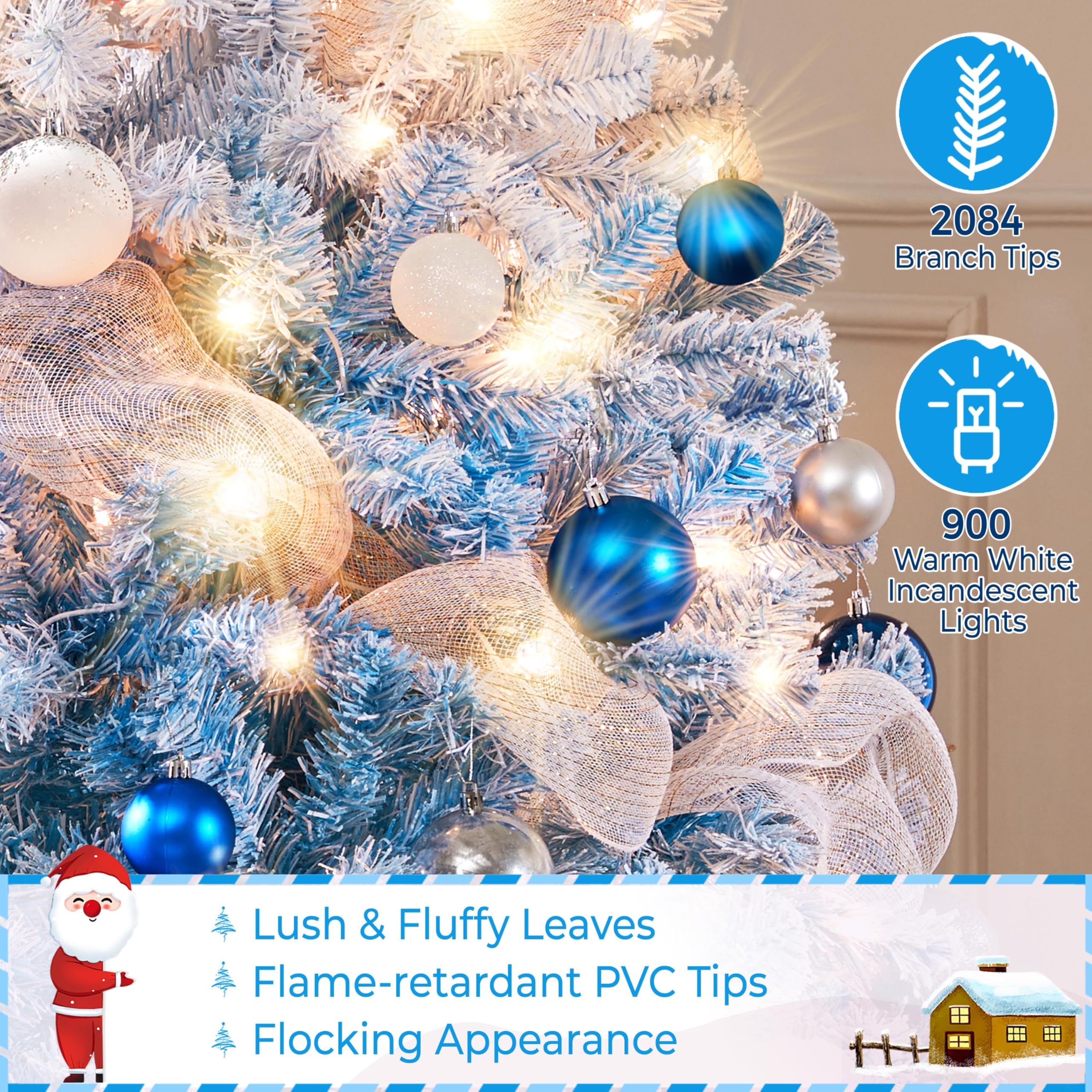 Yaheetech 6ft Snow Flocked Pre-lit Christmas Tree with 250 Warm White Lights, 820 Lush Branch Tips & Quick-Assembly Hinged Design, Full Artificial Xmas Tree for Winter Holiday Décor, Green & White