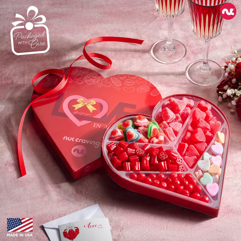 NUT CRAVINGS - Fathers Day Treats, Gift For Dad, Mixed Nuts Heart Shaped Gift Basket, Love in A Box (6 Assortments, 2 LB) Romantic Food Arrangement, Healthy Snack Care Package, Food Assortments