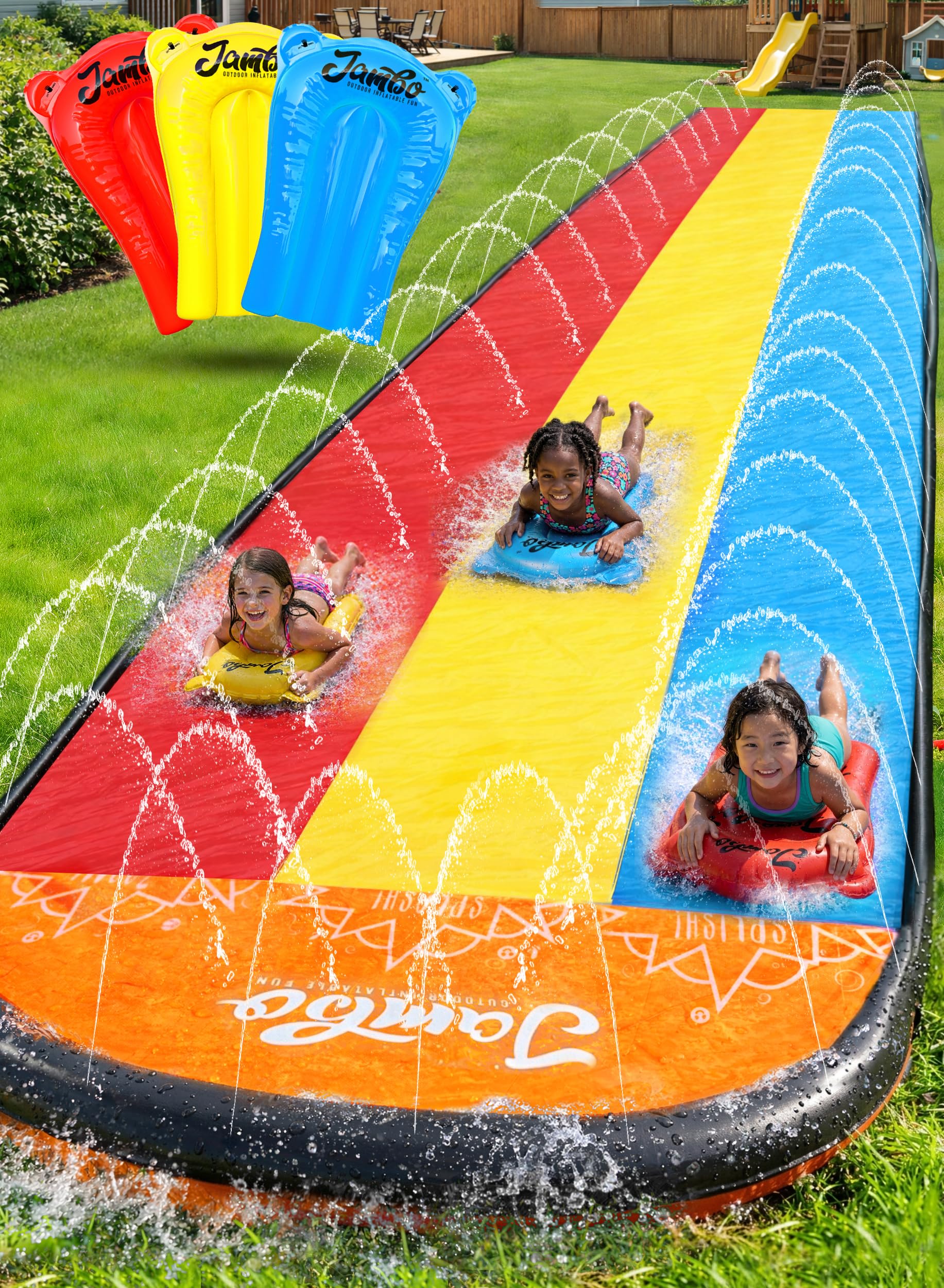 JAMBO Premium Triple Water Slide with 3 Bodyboards, 20Ft Heavy Duty Slip Splash and Slides-Advanced 3-Way Sprinkler System, Splash Pad Mat Backyard Summer Outdoor Water Toys n Long Slides for Kids
