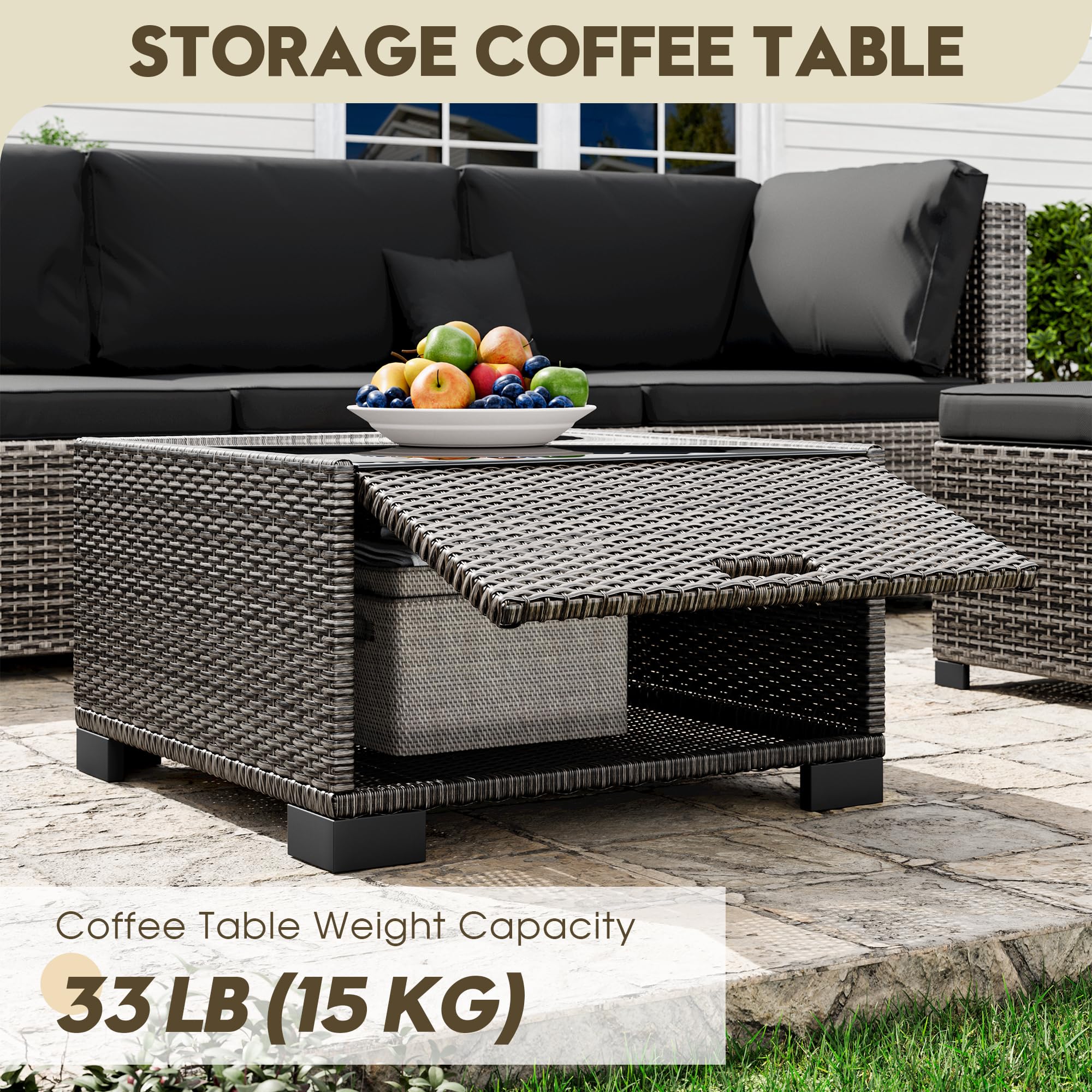 LHBcraft 7 Piece Patio Outdoor Furniture Set, Outdoor Sectional, All-Weather Manual Weaving PE Rattan Wicker Patio Sectional Sofa, Rattan Outside Furniture with Black Cushion and Glass Coffee Table