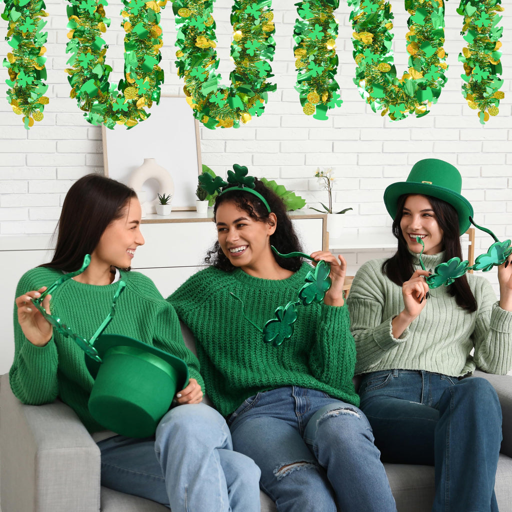 50FT St. Patrick's Day Tinsel Garland Shamrock Hat Green Gold Metallic Tinsel Twist Garland for Irish Saint Patricks Day Party Home Decor Indoor Outdoor Decoration