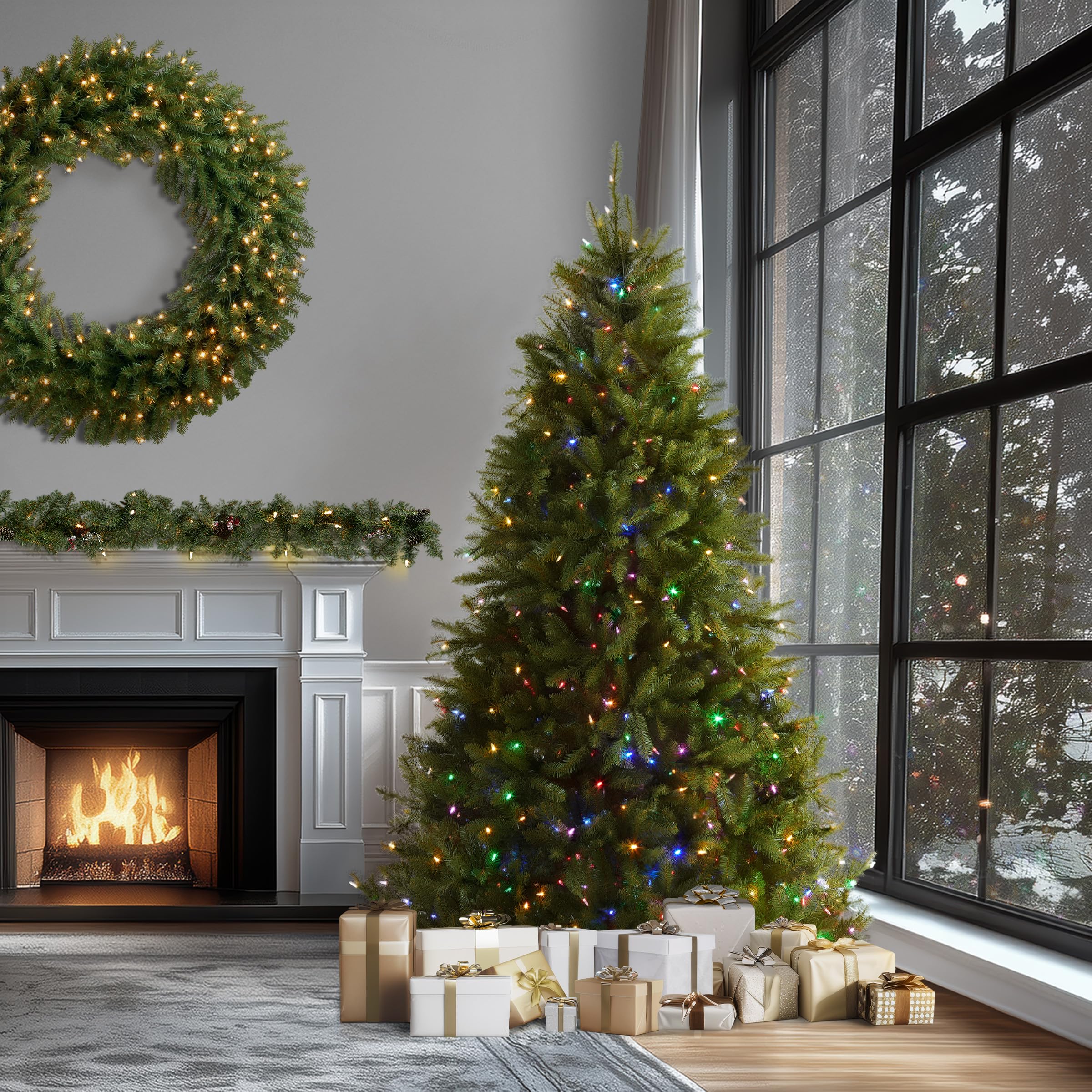 National Tree Company 7.5 ft Pre-Lit Dunhill Fir Artificial Christmas Tree, 700 LED Lights, 2,514 Tips, Foot Pedal, 10 Light Functions, Includes Stand, Green
