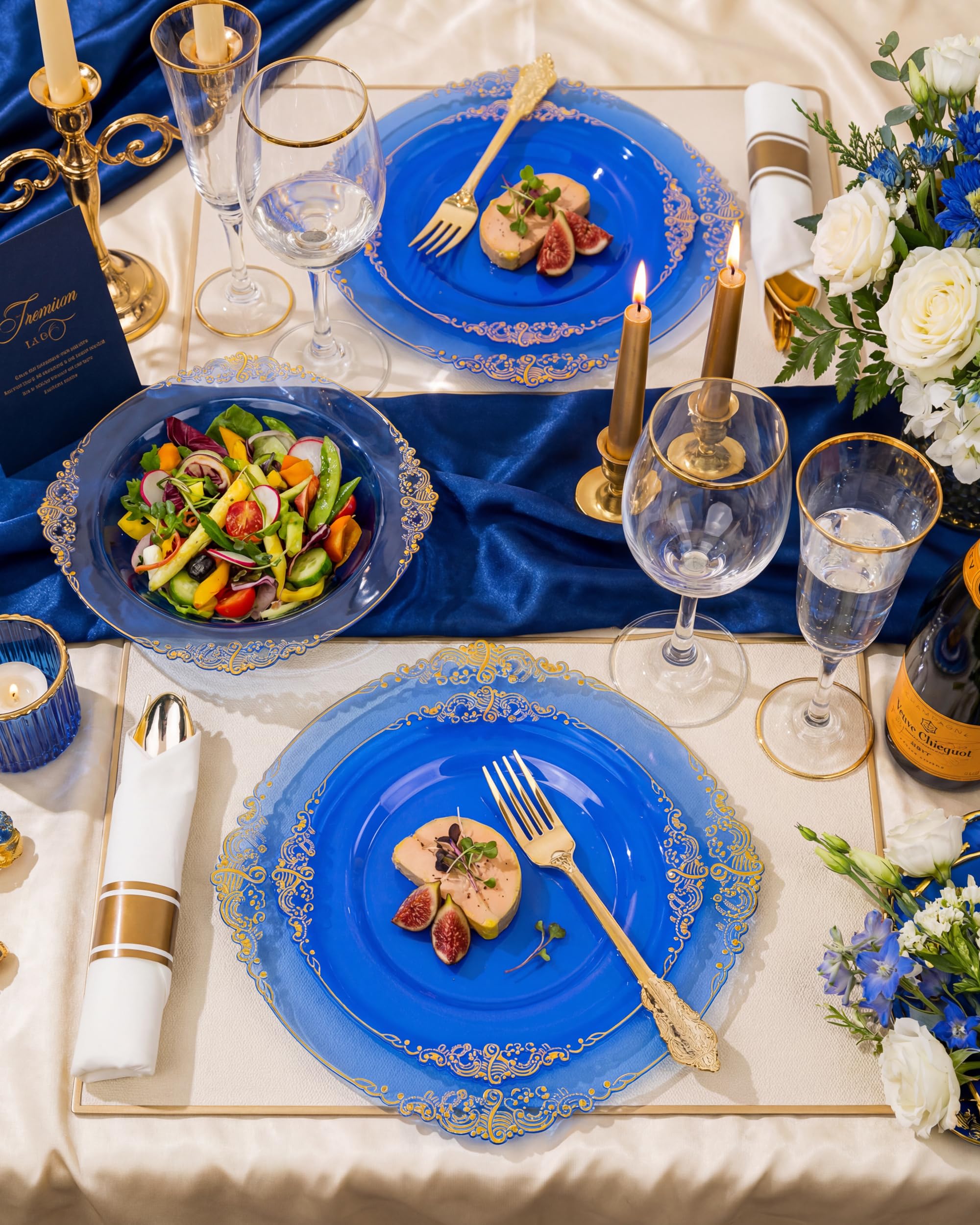 Nervure 175PCS Clear Blue Plastic Plates - Plastic Dinnerware Set Include 25Dinner Plates, 25Dessert Plates, 25Cups, 25Forks, 25Knives, 25Spoons, 25Napkins Perfect for Wedding & Party