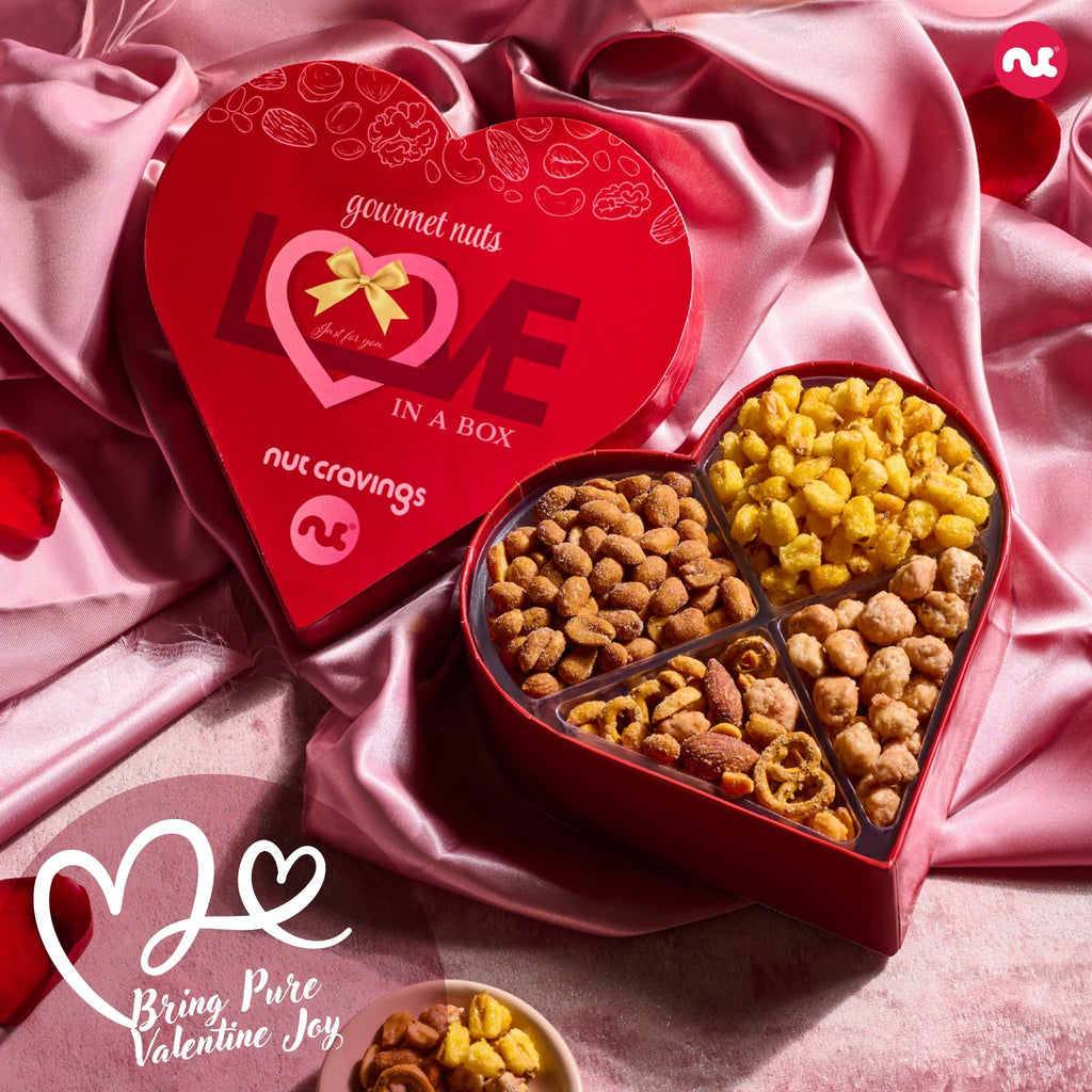 NUT CRAVINGS - Fathers Day Treats, Gift For Dad, Mixed Nuts Heart Shaped Gift Basket, Love in A Box (6 Assortments, 2 LB) Romantic Food Arrangement, Healthy Snack Care Package, Food Assortments
