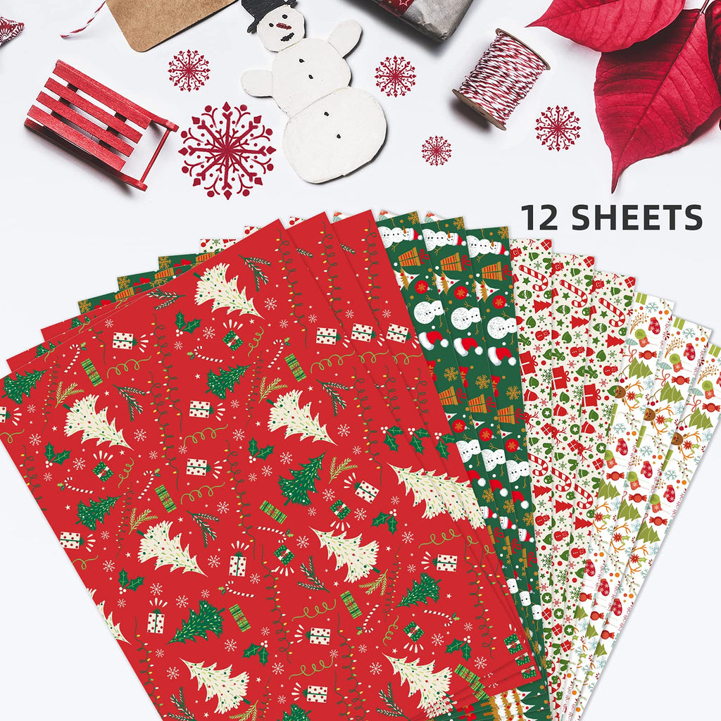 Christmas Wrapping Paper Folded for Kids Boys Girls Man Women Gift's. Papercraft Snowmen, Candy Canes, Tree, Socks, Snowflakes, Happy New Year Bulk of 12 Sheets 20"x 29" Folded