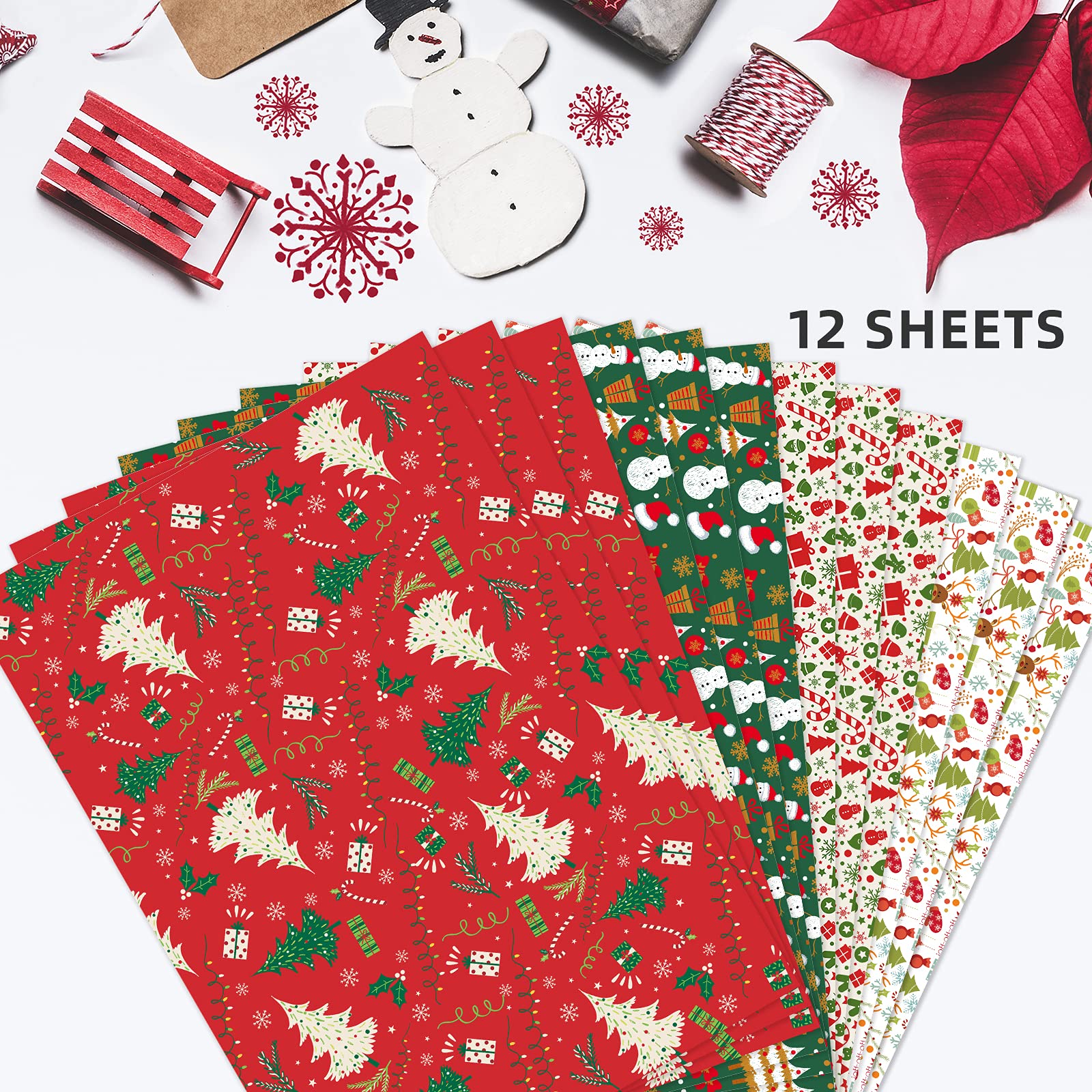 Christmas Wrapping Paper Folded for Kids Boys Girls Man Women Gift's. Papercraft Snowmen, Candy Canes, Tree, Socks, Snowflakes, Happy New Year Bulk of 12 Sheets 20"x 29" Folded