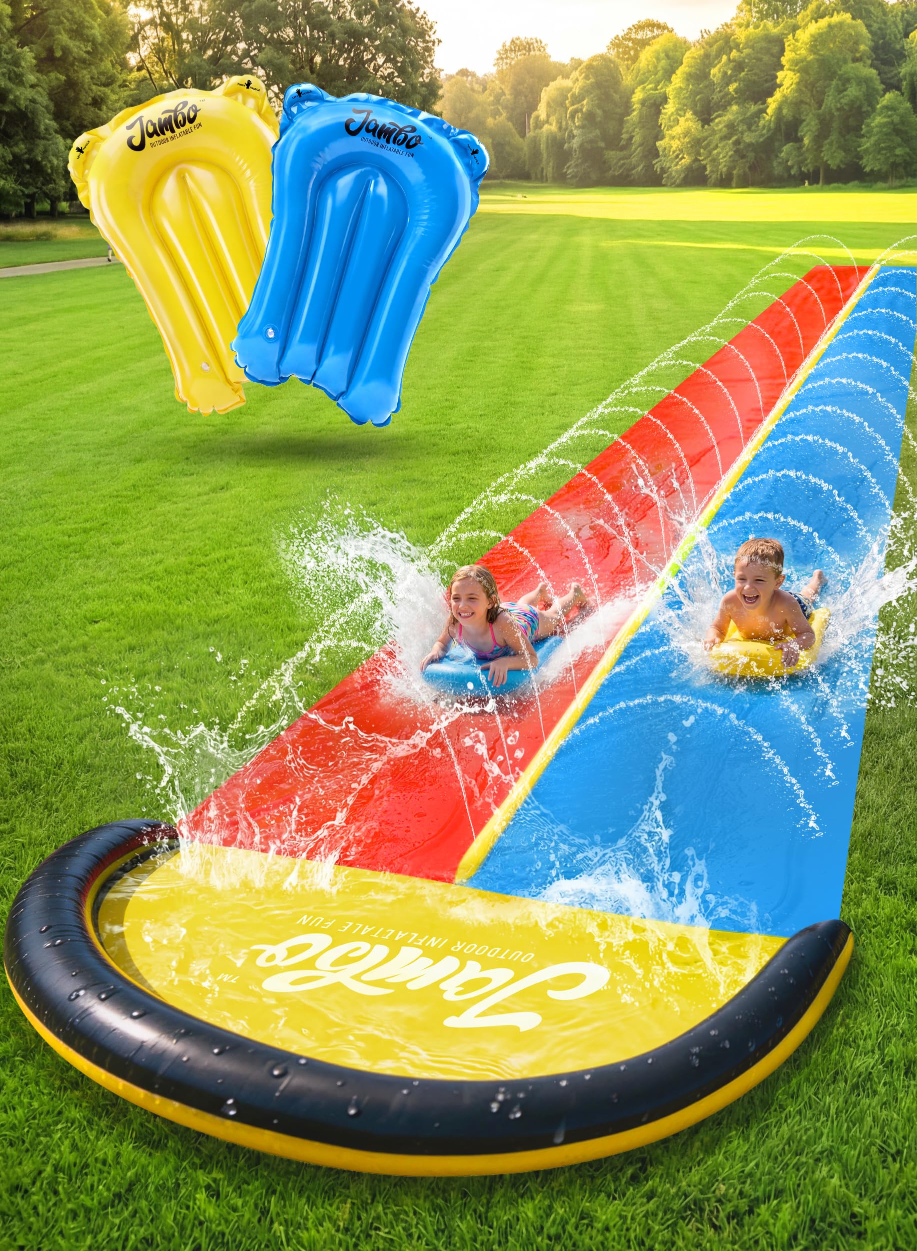 JAMBO Premium Triple Water Slide with 3 Bodyboards, 20Ft Heavy Duty Slip Splash and Slides-Advanced 3-Way Sprinkler System, Splash Pad Mat Backyard Summer Outdoor Water Toys n Long Slides for Kids