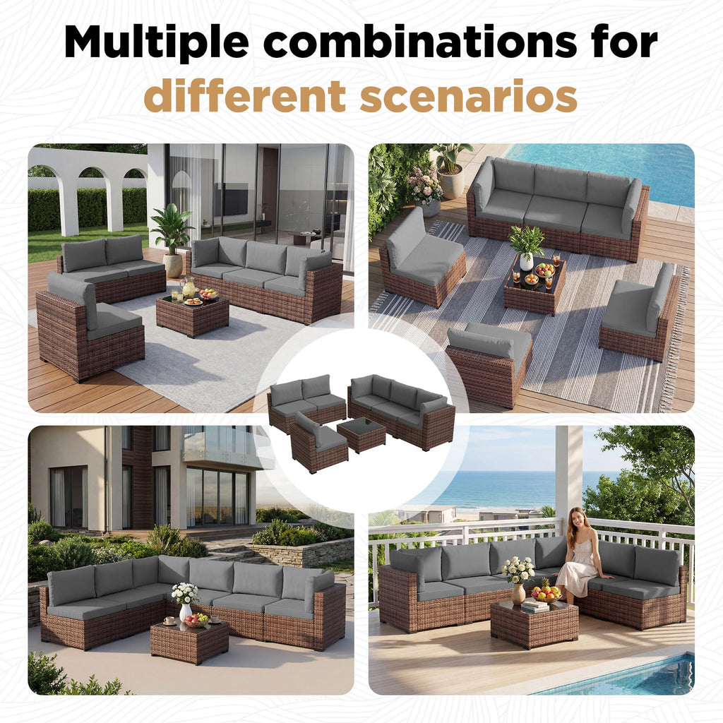 LHBcraft 7 Piece Patio Outdoor Furniture Set, Outdoor Sectional, All-Weather Manual Weaving PE Rattan Wicker Patio Sectional Sofa, Rattan Outside Furniture with Black Cushion and Glass Coffee Table
