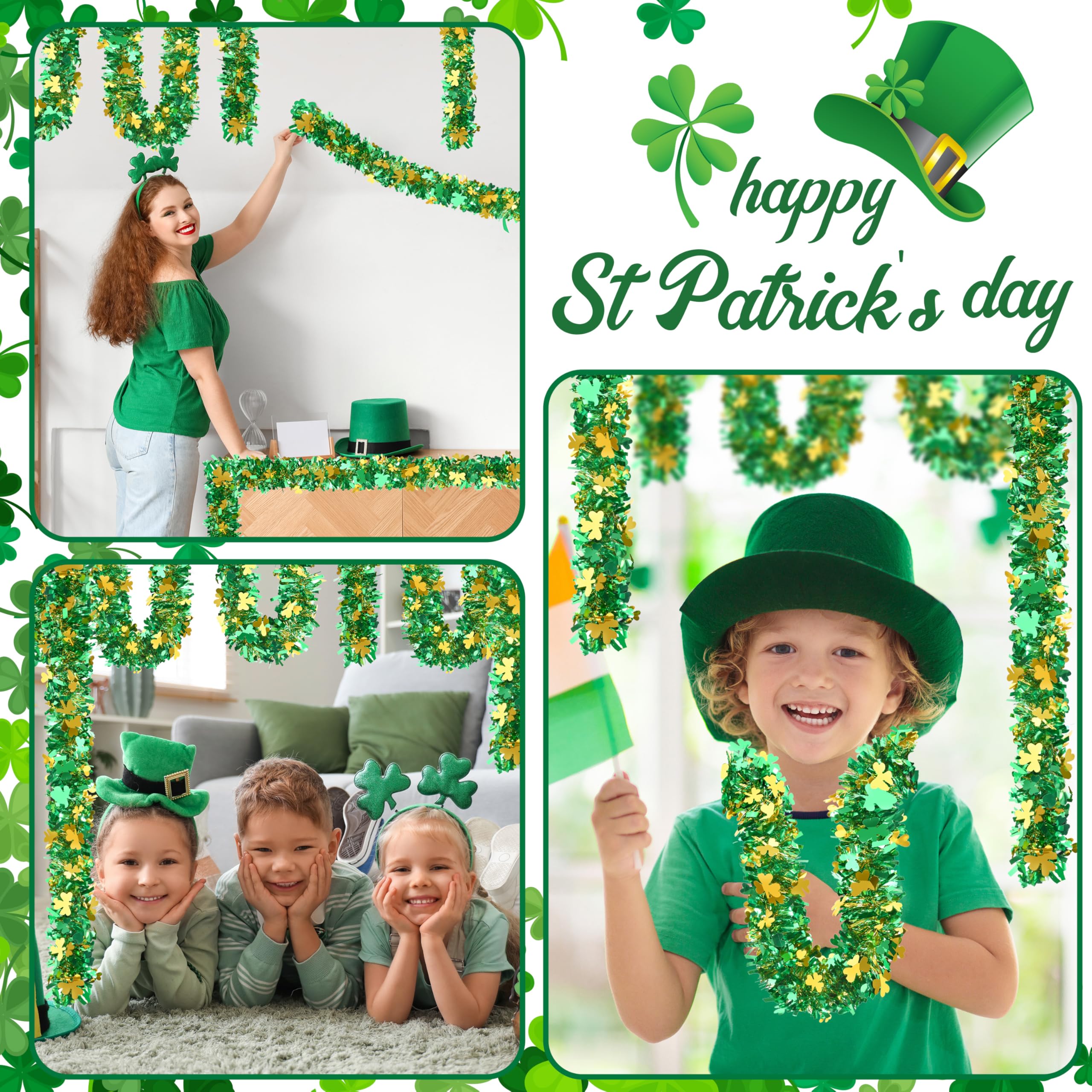50FT St. Patrick's Day Tinsel Garland Shamrock Hat Green Gold Metallic Tinsel Twist Garland for Irish Saint Patricks Day Party Home Decor Indoor Outdoor Decoration
