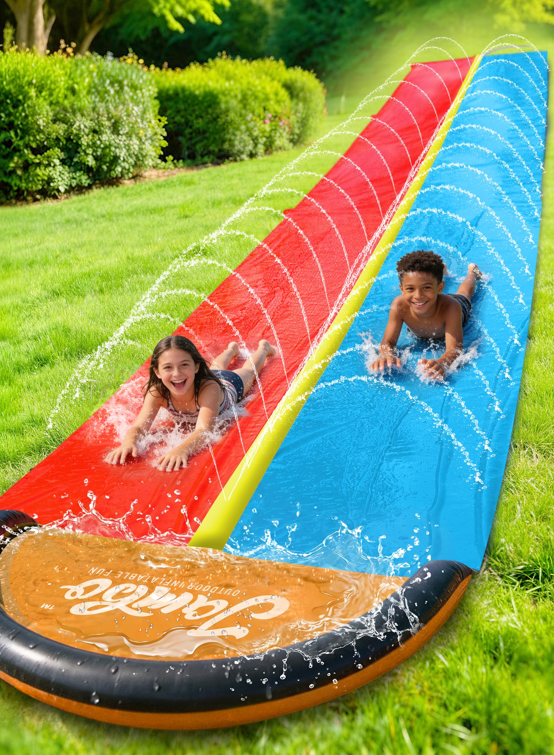 JAMBO Premium Triple Water Slide with 3 Bodyboards, 20Ft Heavy Duty Slip Splash and Slides-Advanced 3-Way Sprinkler System, Splash Pad Mat Backyard Summer Outdoor Water Toys n Long Slides for Kids