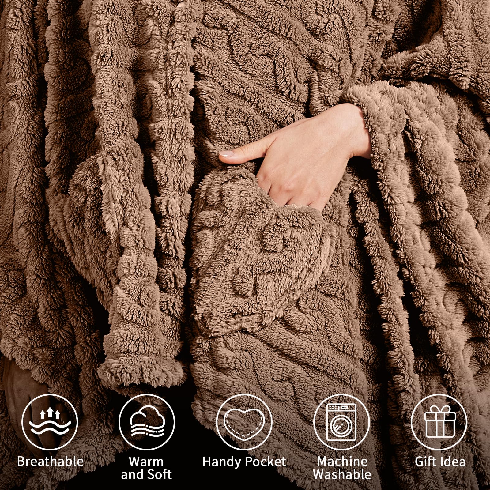 Wearable Blanket Poncho Cape Wrap for Adult, Cozy Sherpa Fleece Pocketed Shawl TV Throw Blankets for Office and Lounge(Caramel,58'' x 64'')