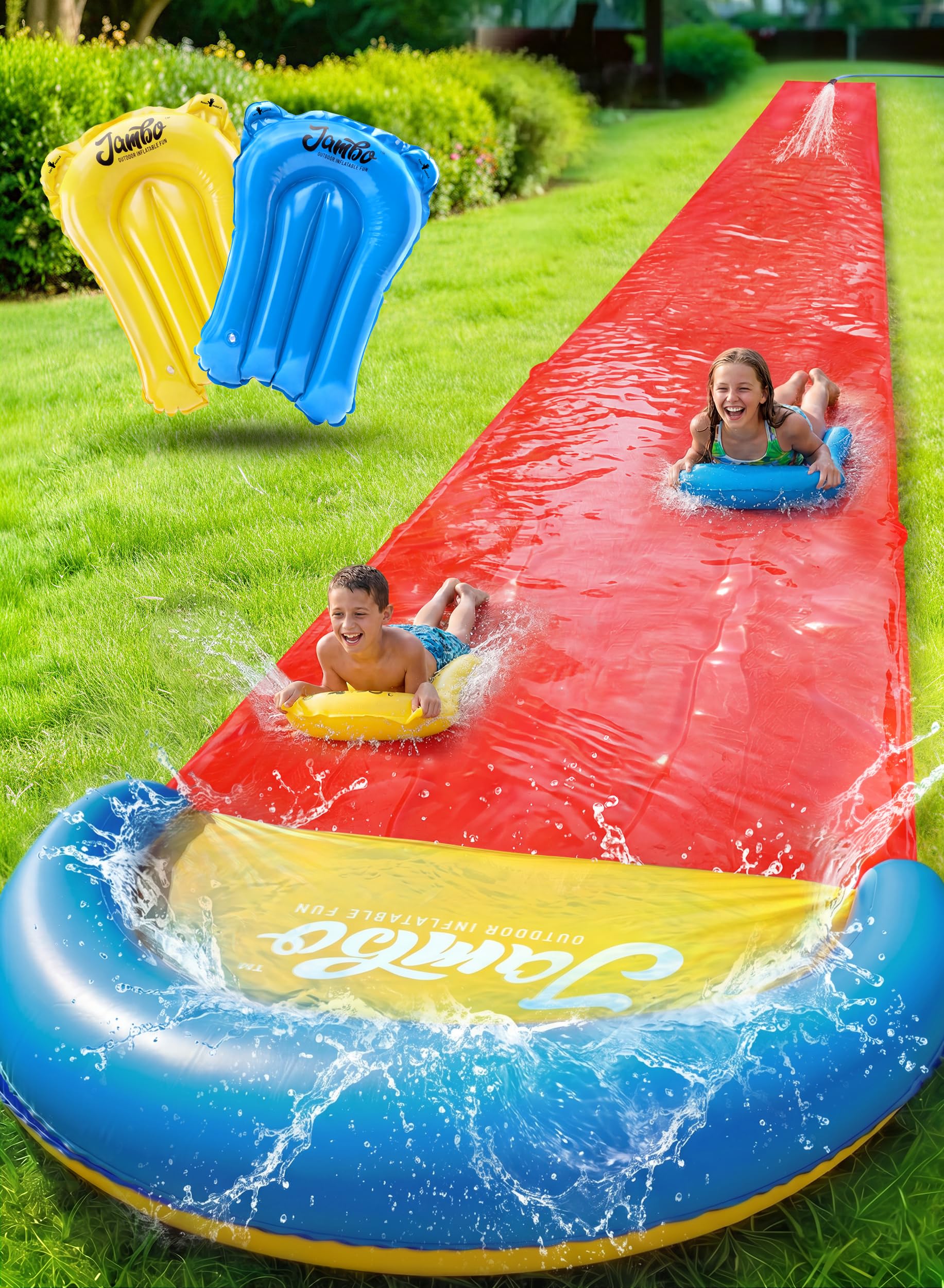 JAMBO Premium Triple Water Slide with 3 Bodyboards, 20Ft Heavy Duty Slip Splash and Slides-Advanced 3-Way Sprinkler System, Splash Pad Mat Backyard Summer Outdoor Water Toys n Long Slides for Kids