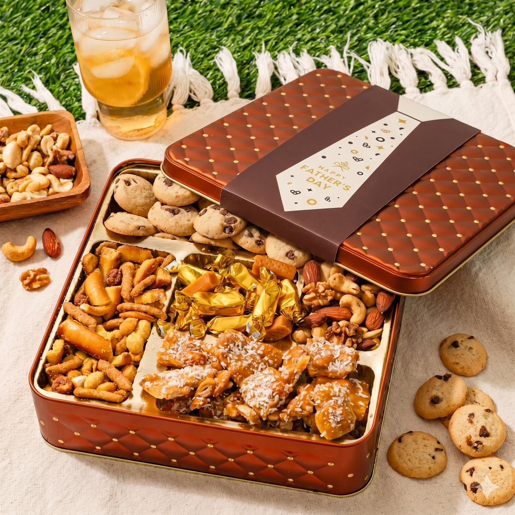 Caramels and Nut Sweet and Savory Gift Basket for Christmas Gifts, Dad, Men, Women, Holiday Parties | Gourmet Holiday Snack Tin Box | Churro Cinnamon and Sugar Pretzels | Sea Salt Caramels and Brittle| Prime Delivery Gift | Bonnie & Pop