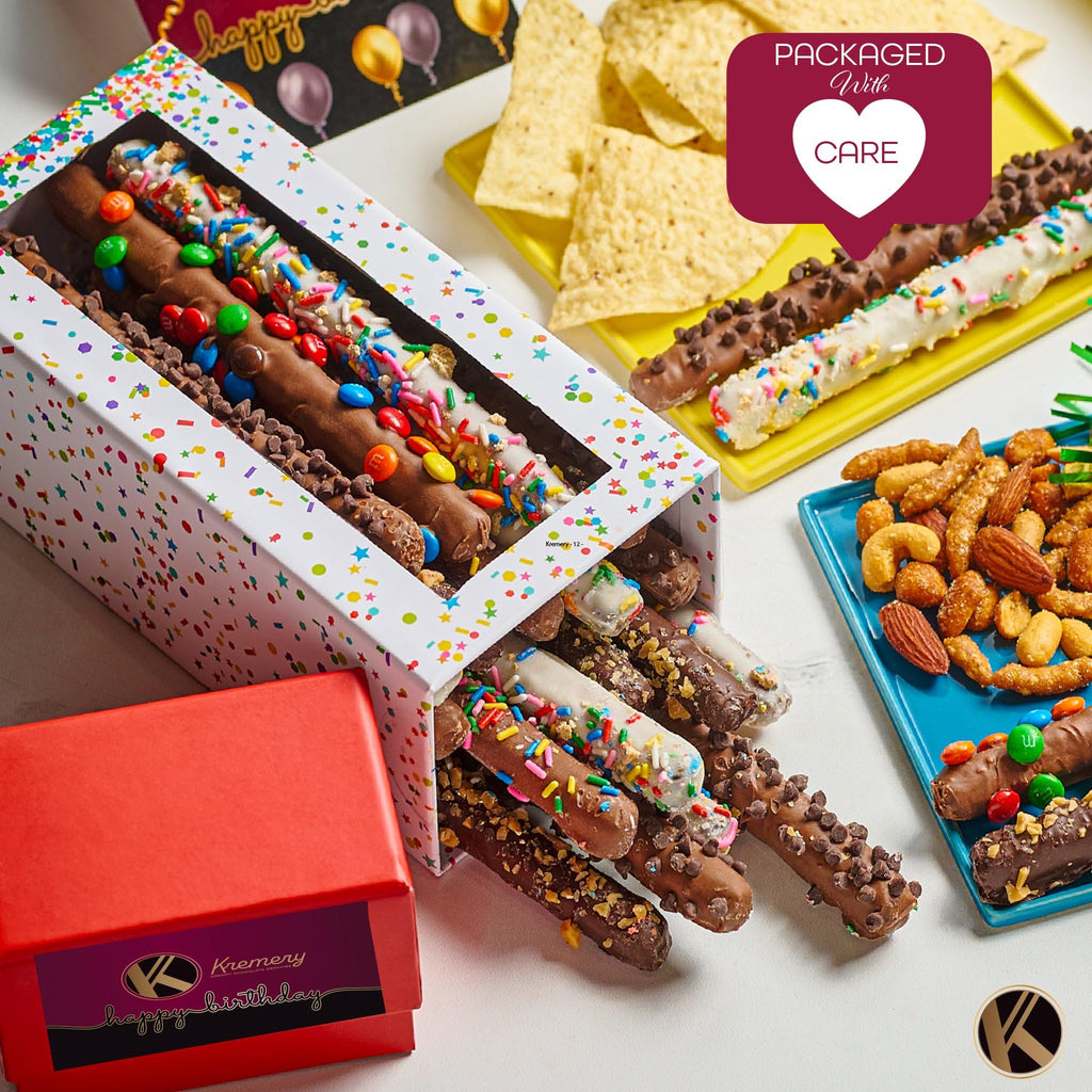 KREMERY Creamy Chocolate Cravings - Fathers Day Treats, Gift For Dad, Chocolate Covered Pretzel Rods Gift Basket with Candied Toppings (8 Pretzels) Sweet Treats in Clear Tube Kosher