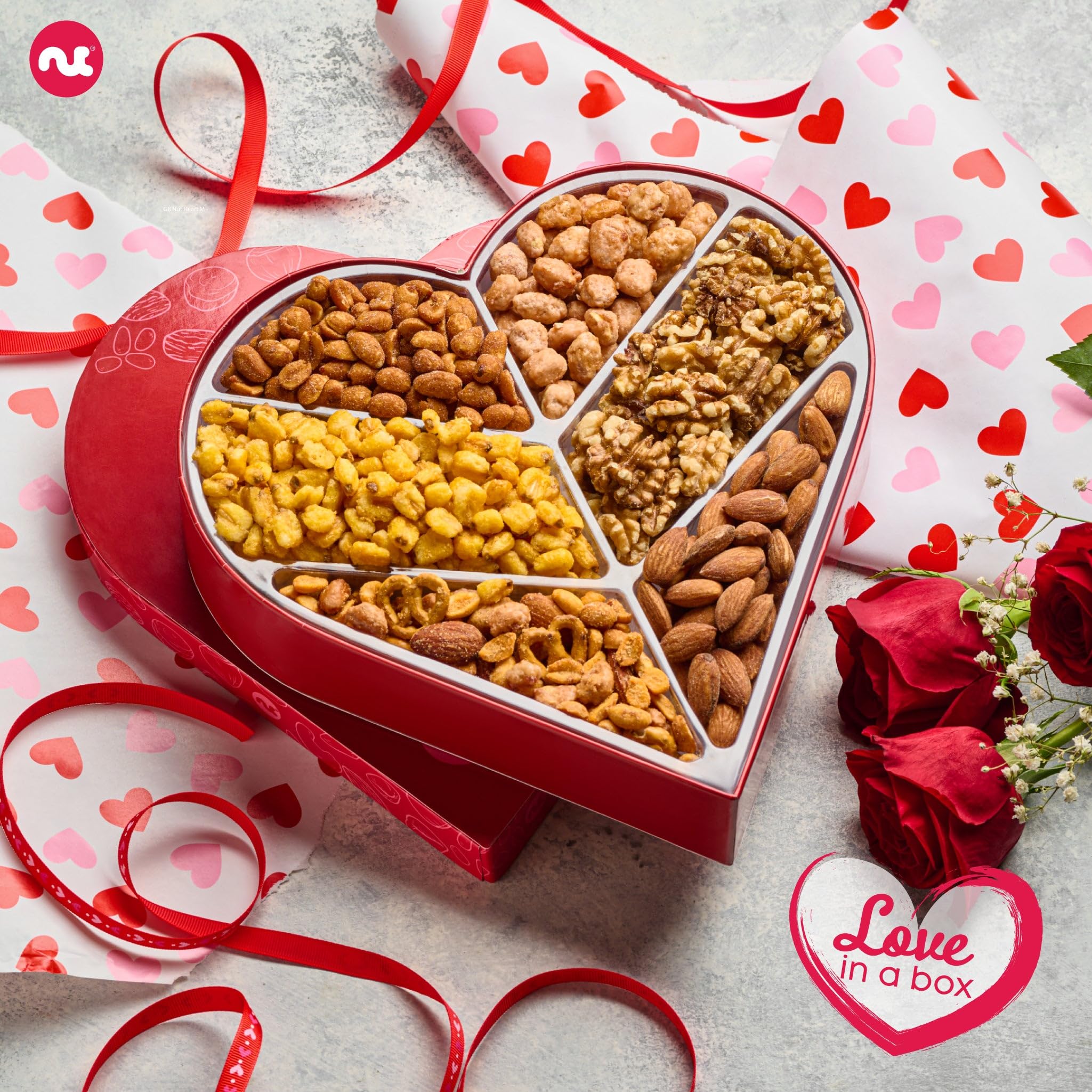 NUT CRAVINGS - Fathers Day Treats, Gift For Dad, Mixed Nuts Heart Shaped Gift Basket, Love in A Box (6 Assortments, 2 LB) Romantic Food Arrangement, Healthy Snack Care Package, Food Assortments