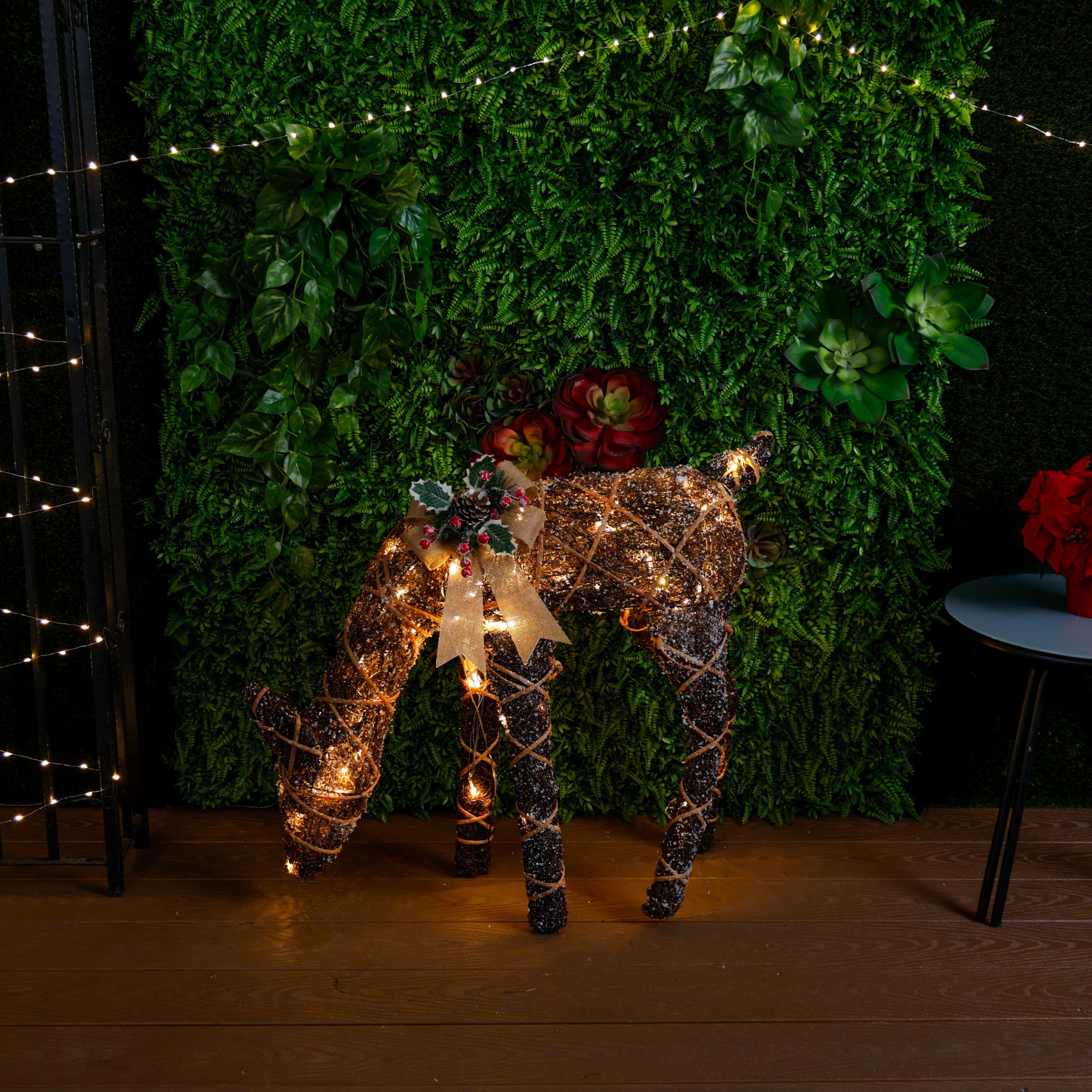 Alpine Corporation 24" Tall Outdoor Rattan Grazing Reindeer Lawn Decoration with White LED Lights, Indoor/Outdoor Christmas Holiday Yard Decor Garden Display