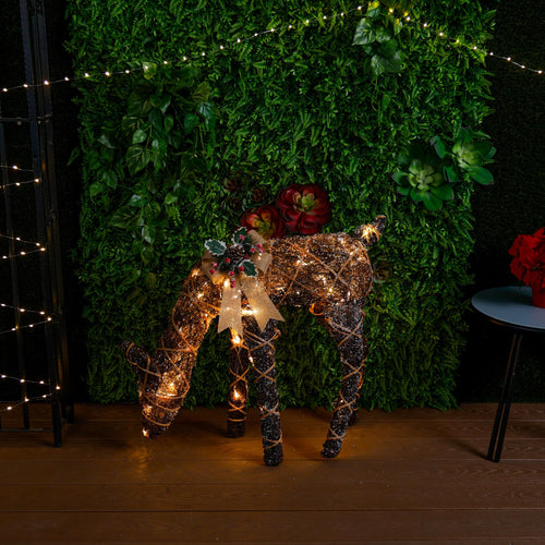 Alpine Corporation 24" Tall Outdoor Rattan Grazing Reindeer Lawn Decoration with White LED Lights, Indoor/Outdoor Christmas Holiday Yard Decor Garden Display
