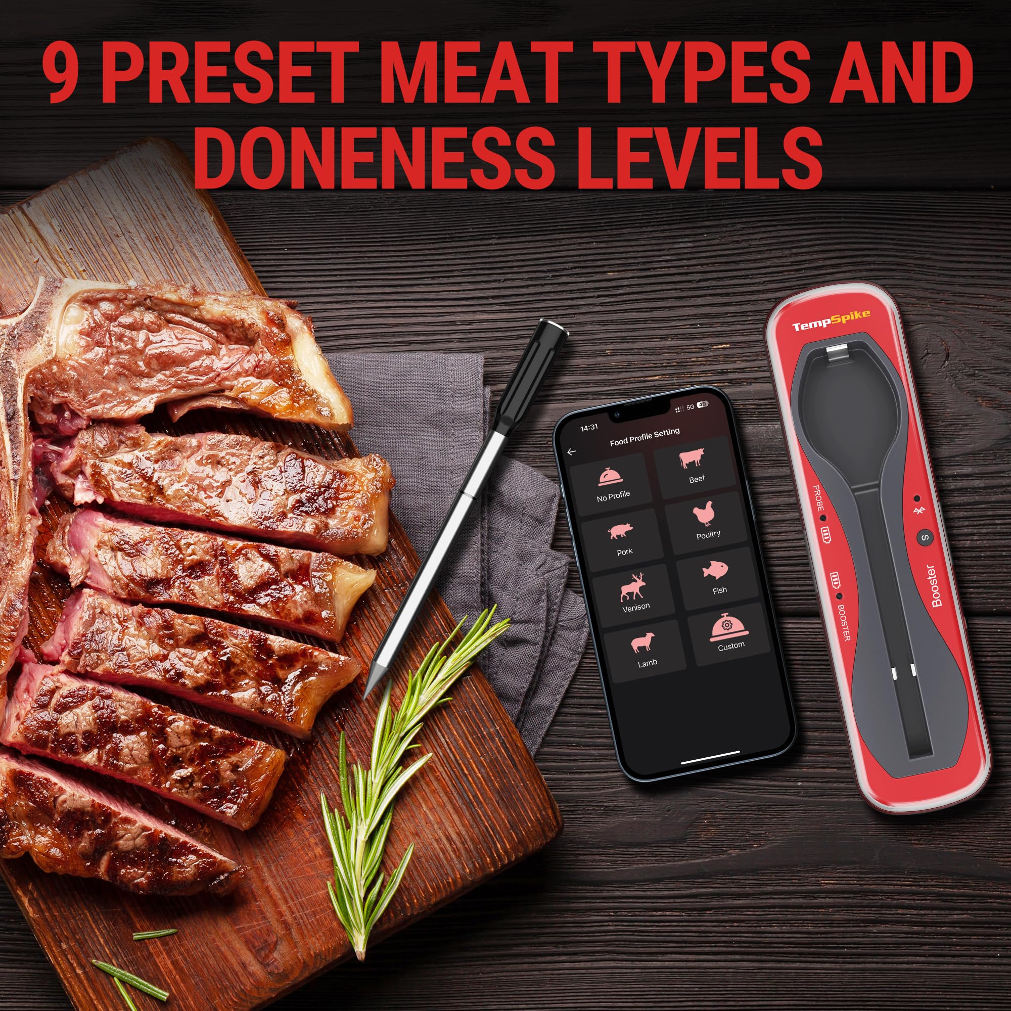 ThermoPro TempSpike 500 ft Wireless Meat Thermometer Digital, Bluetooth Meat Thermometer Wrieless for Beef Lamb Chicken Turkey, Smoker Acccessories for Rotisserie Sous Vide BBQ Oven Air Fryer