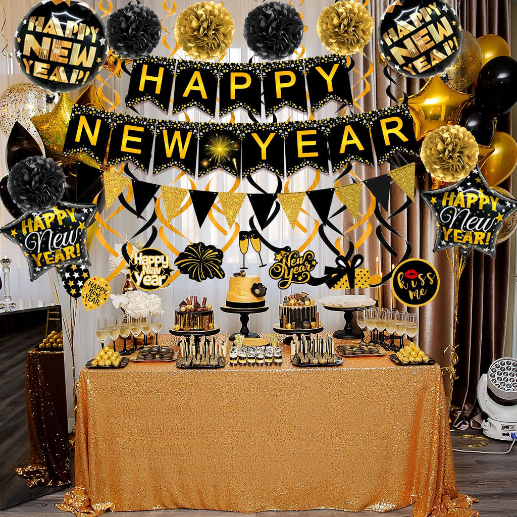 Famoby Happy New Year Paper Banner Triangle Flag Bunting Pom poms Swirls Streamers & Balloons for New year Party Decoration