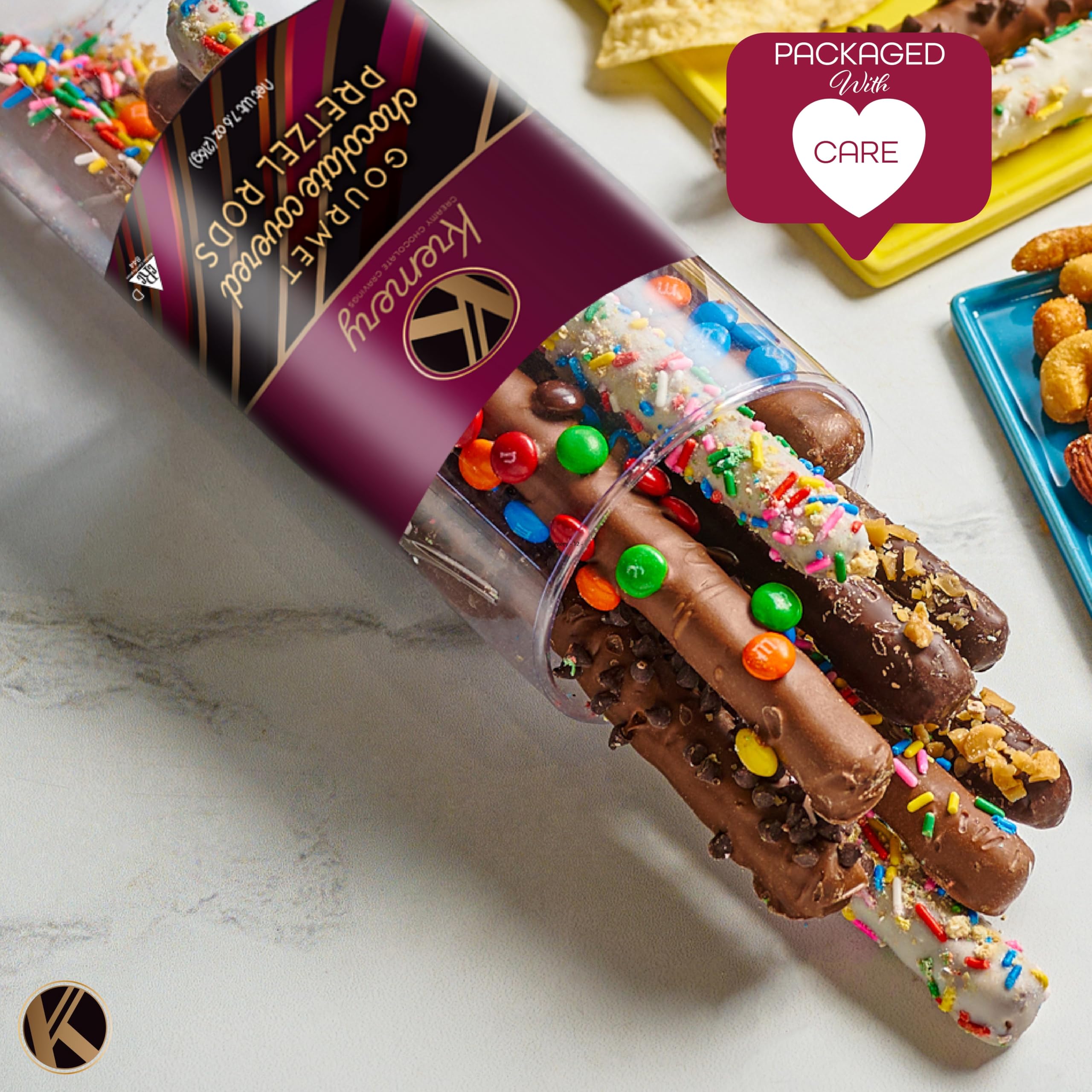 KREMERY Creamy Chocolate Cravings - Fathers Day Treats, Gift For Dad, Chocolate Covered Pretzel Rods Gift Basket with Candied Toppings (8 Pretzels) Sweet Treats in Clear Tube Kosher