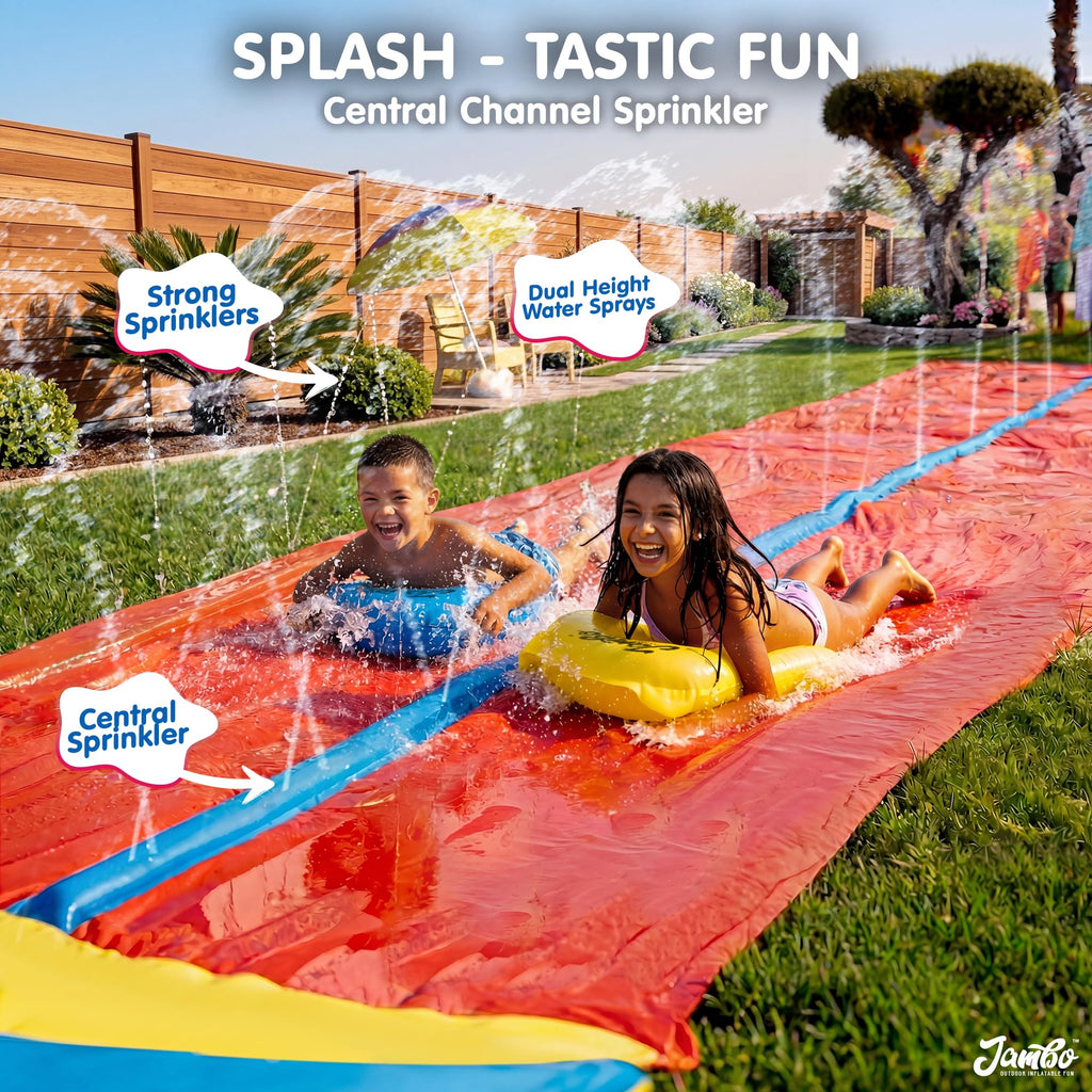 JAMBO Premium Triple Water Slide with 3 Bodyboards, 20Ft Heavy Duty Slip Splash and Slides-Advanced 3-Way Sprinkler System, Splash Pad Mat Backyard Summer Outdoor Water Toys n Long Slides for Kids