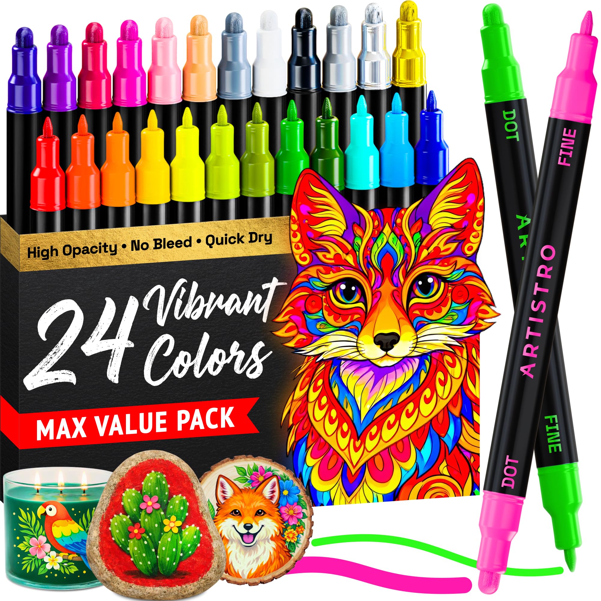 ARTISTRO 36 Dual Tip Pens, Dot & Fine Tips Paint Markers – Paint Pens Set for Fabric, Rock, Glass, Wood, Coloring Books – Arts & Crafts Gift – Classroom Must Haves & School Supplies