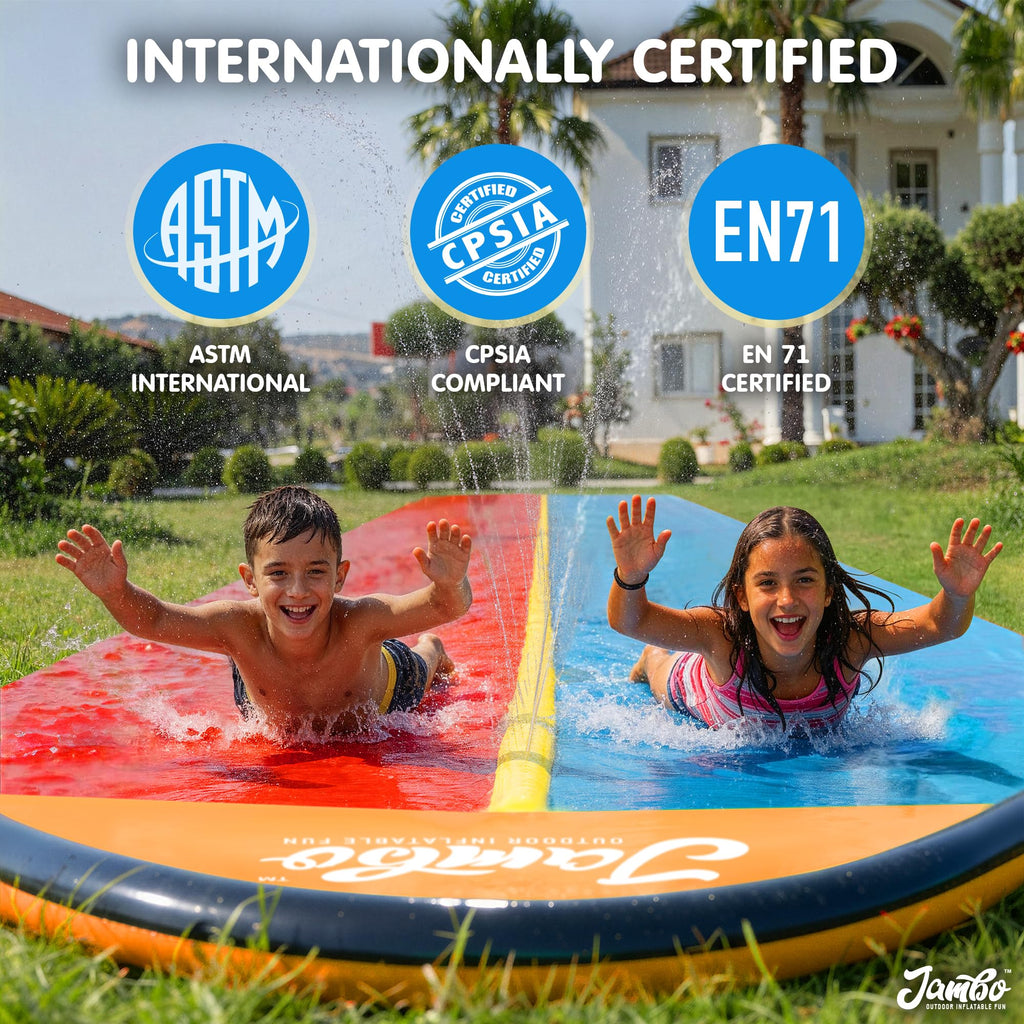 JAMBO Premium Triple Water Slide with 3 Bodyboards, 20Ft Heavy Duty Slip Splash and Slides-Advanced 3-Way Sprinkler System, Splash Pad Mat Backyard Summer Outdoor Water Toys n Long Slides for Kids