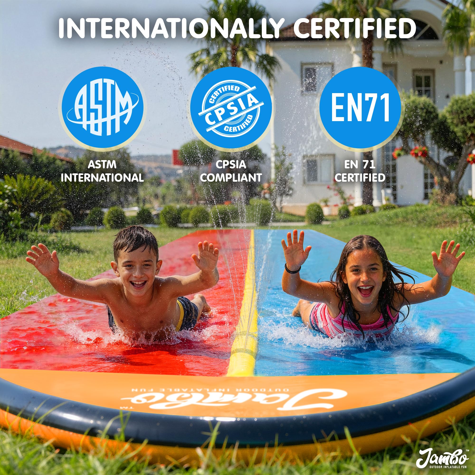 JAMBO Premium Triple Water Slide with 3 Bodyboards, 20Ft Heavy Duty Slip Splash and Slides-Advanced 3-Way Sprinkler System, Splash Pad Mat Backyard Summer Outdoor Water Toys n Long Slides for Kids