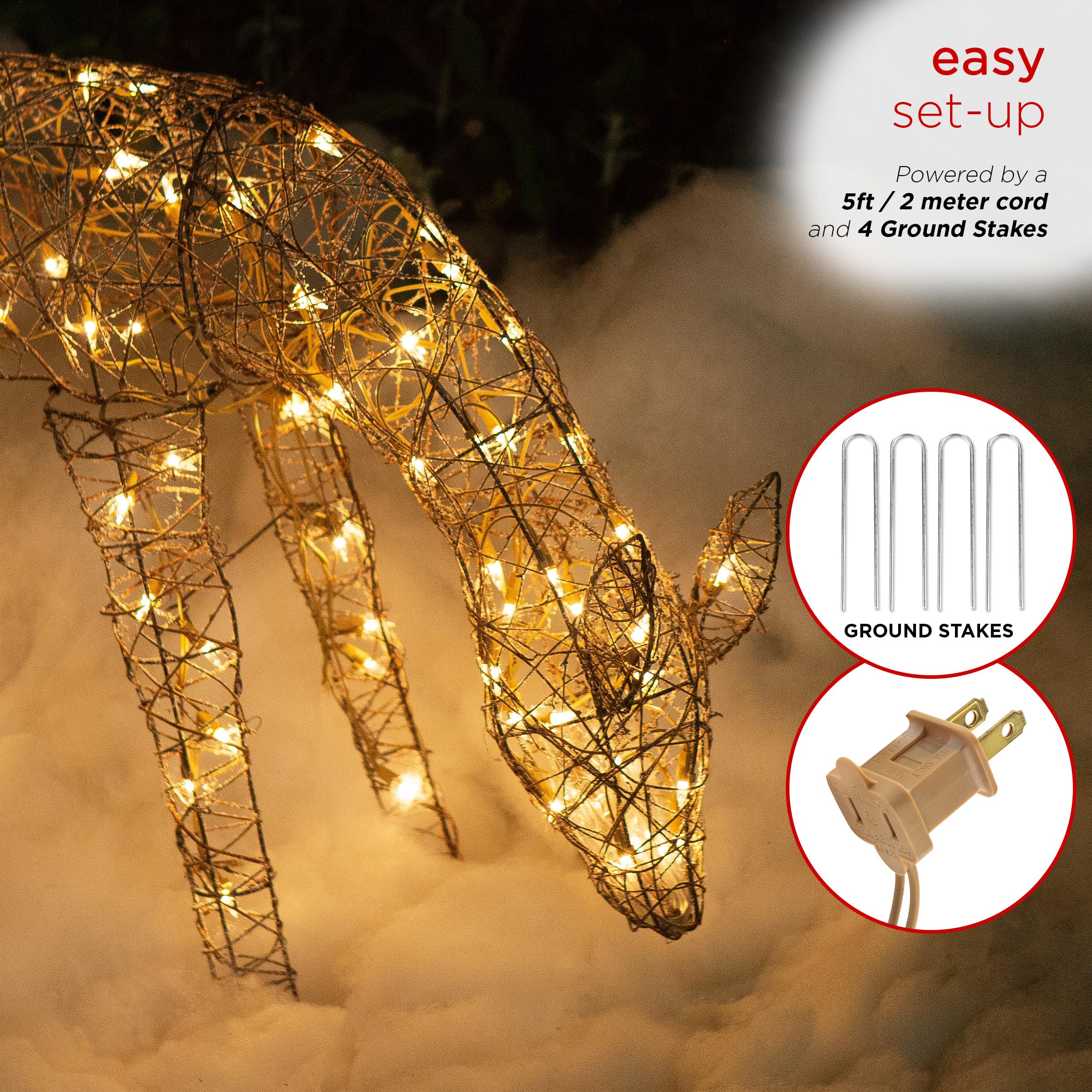 Alpine Corporation 24" Tall Outdoor Rattan Grazing Reindeer Lawn Decoration with White LED Lights, Indoor/Outdoor Christmas Holiday Yard Decor Garden Display