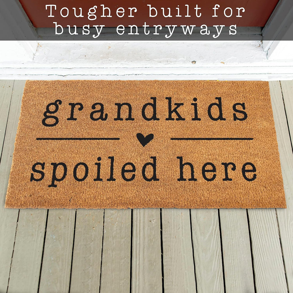 MAINEVENT Grandkids Spoiled Here Door Mat 30x17 Inch, Coir Doormat for Covered Outdoor Area, Welcome Mat w/Non-Slip PVC Backing, Grandchildren Gift for Grandparents