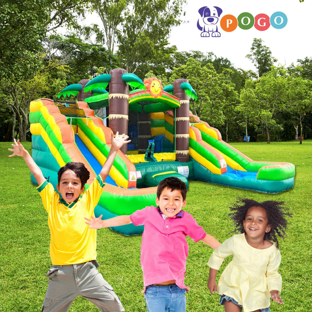 Crossover Tropical Double Water Slide Bounce House Combo, 16.5 x 15 x 11 Foot, PVC Vinyl Inflatable Bouncy House for Kids, Wet or Dry Slides, with Stakes, Storage Bag and 1 HP Blower