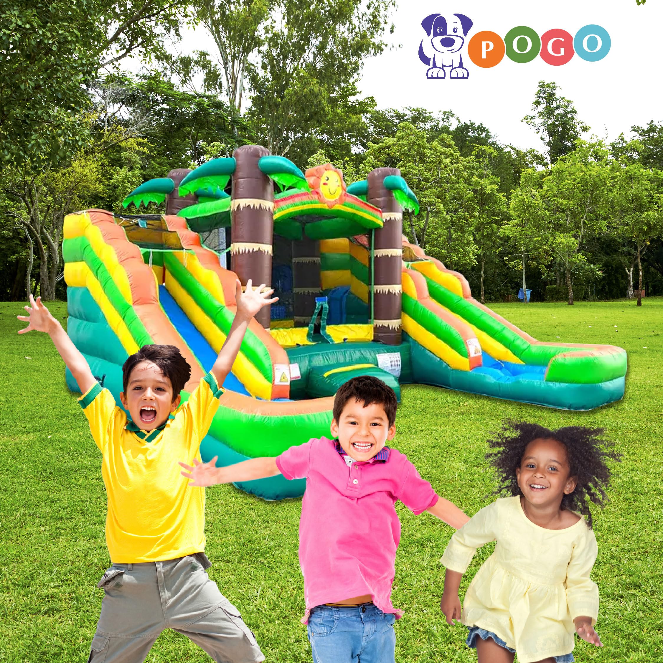 Crossover Tropical Double Water Slide Bounce House Combo, 16.5 x 15 x 11 Foot, PVC Vinyl Inflatable Bouncy House for Kids, Wet or Dry Slides, with Stakes, Storage Bag and 1 HP Blower