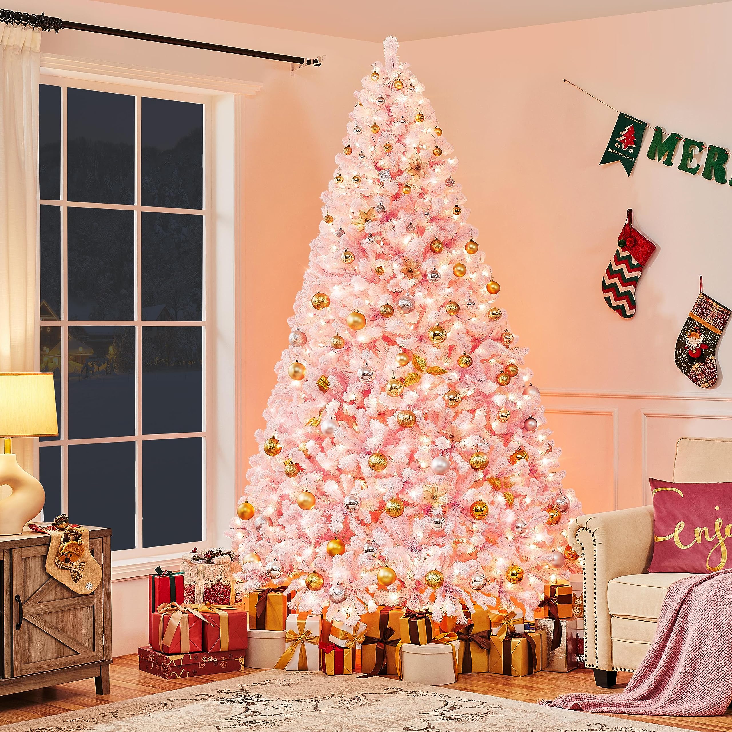 Yaheetech 6ft Snow Flocked Pre-lit Christmas Tree with 250 Warm White Lights, 820 Lush Branch Tips & Quick-Assembly Hinged Design, Full Artificial Xmas Tree for Winter Holiday Décor, Green & White