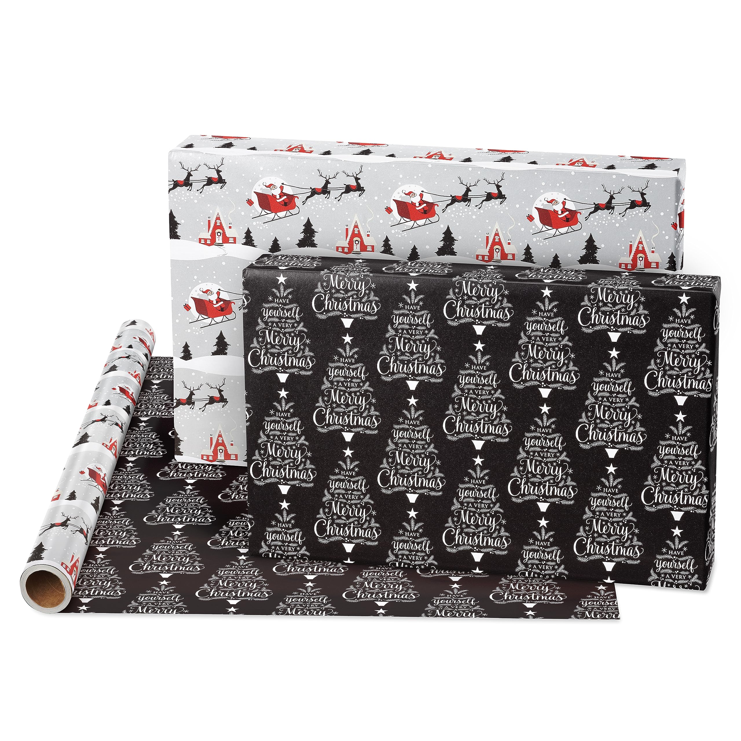 American Greetings Christmas Wrapping Paper, Red and Black Buffalo Plaid Holiday Gift Wrap Set (120 sq.ft., 4 rolls-30 in. x 12 ft., 7 Adhesive Bows, 30 Gift Tag Stickers) Rustic, Snowflakes, Reindeer