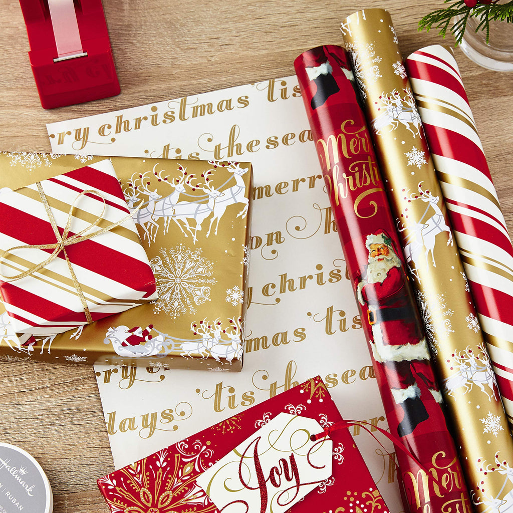 Hallmark Christmas Wrapping Paper Rolls - Traditional Holiday Gift Wrap Paper (Set of 3 Reversible Rolls: 120 sq. ft. Ttl) Red and Gold Snowflakes, Stripes, Plaid, Santa's Sleigh