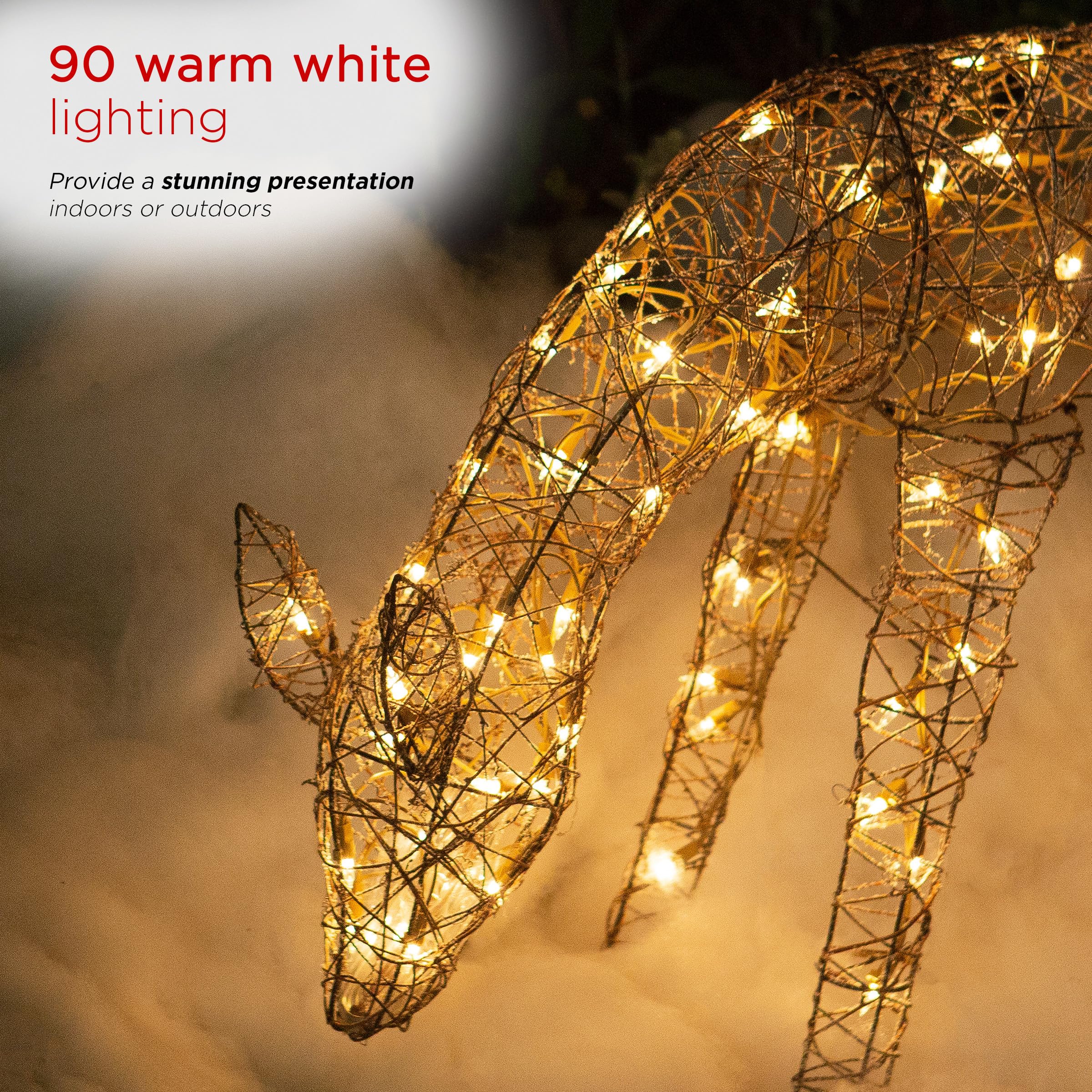 Alpine Corporation 24" Tall Outdoor Rattan Grazing Reindeer Lawn Decoration with White LED Lights, Indoor/Outdoor Christmas Holiday Yard Decor Garden Display