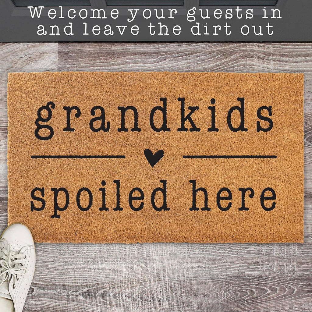 MAINEVENT Grandkids Spoiled Here Door Mat 30x17 Inch, Coir Doormat for Covered Outdoor Area, Welcome Mat w/Non-Slip PVC Backing, Grandchildren Gift for Grandparents