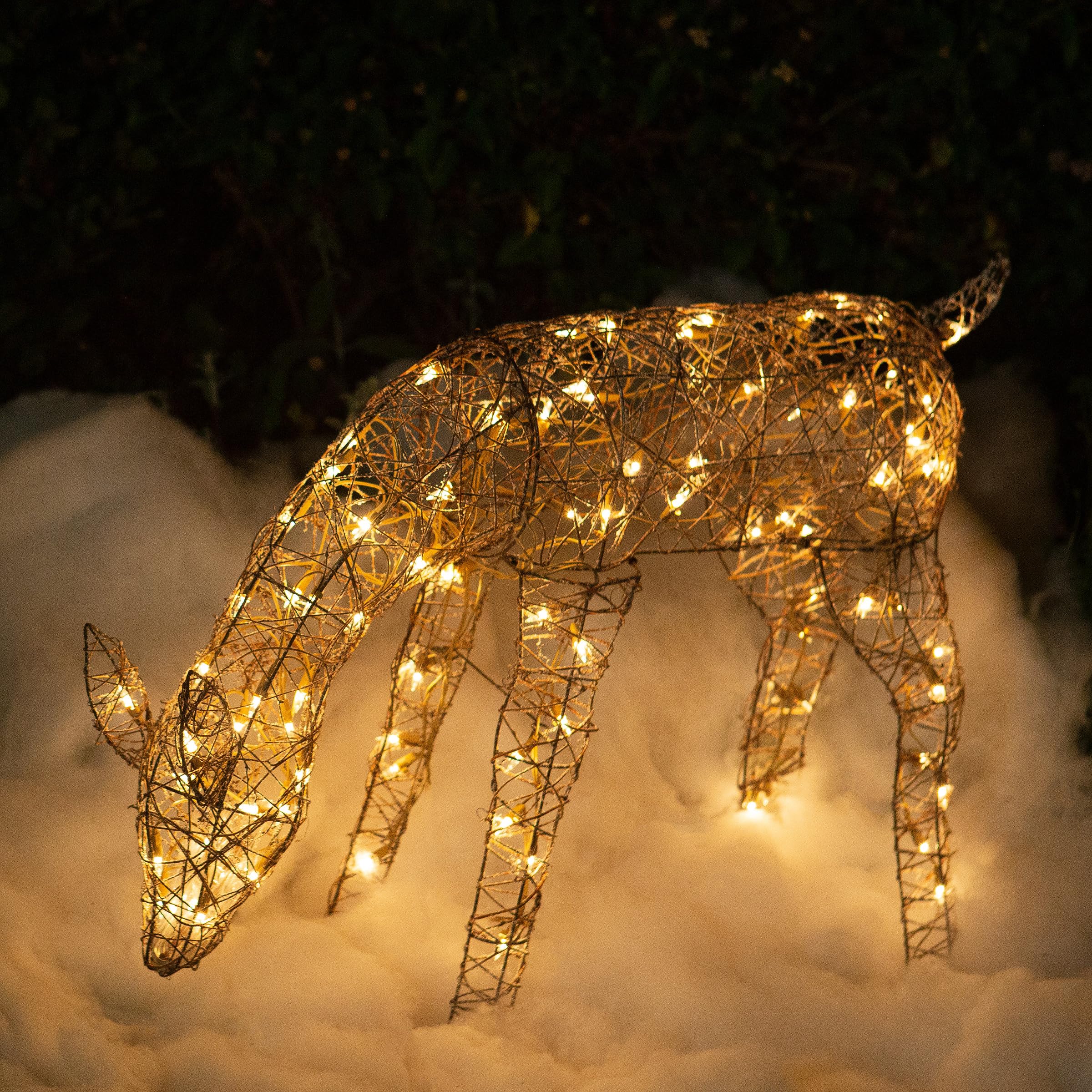 Alpine Corporation 24" Tall Outdoor Rattan Grazing Reindeer Lawn Decoration with White LED Lights, Indoor/Outdoor Christmas Holiday Yard Decor Garden Display