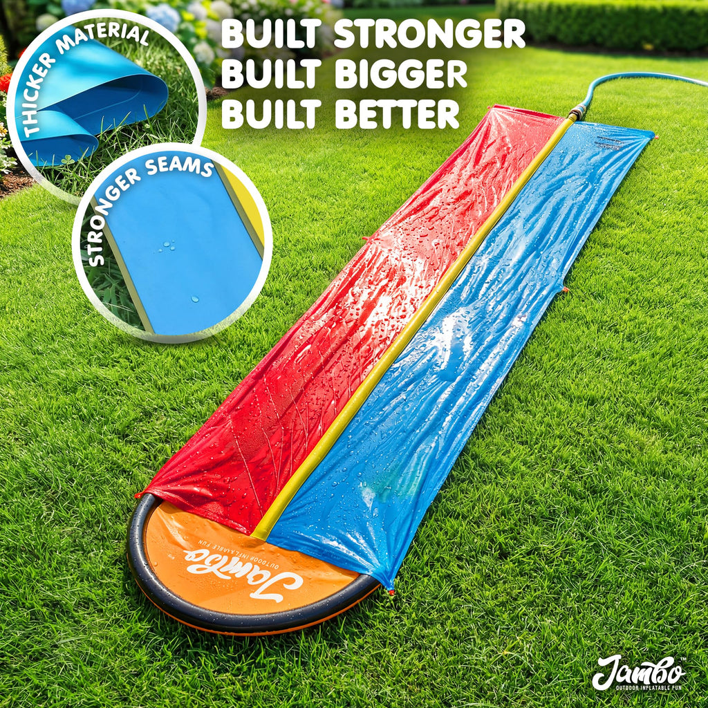 JAMBO Premium Triple Water Slide with 3 Bodyboards, 20Ft Heavy Duty Slip Splash and Slides-Advanced 3-Way Sprinkler System, Splash Pad Mat Backyard Summer Outdoor Water Toys n Long Slides for Kids