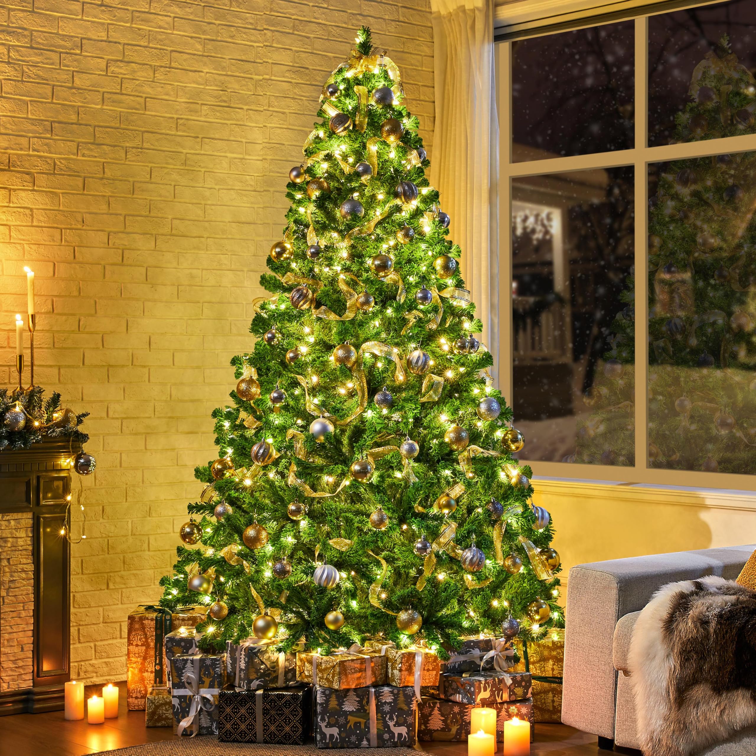 Yaheetech 6ft Snow Flocked Pre-lit Christmas Tree with 250 Warm White Lights, 820 Lush Branch Tips & Quick-Assembly Hinged Design, Full Artificial Xmas Tree for Winter Holiday Décor, Green & White